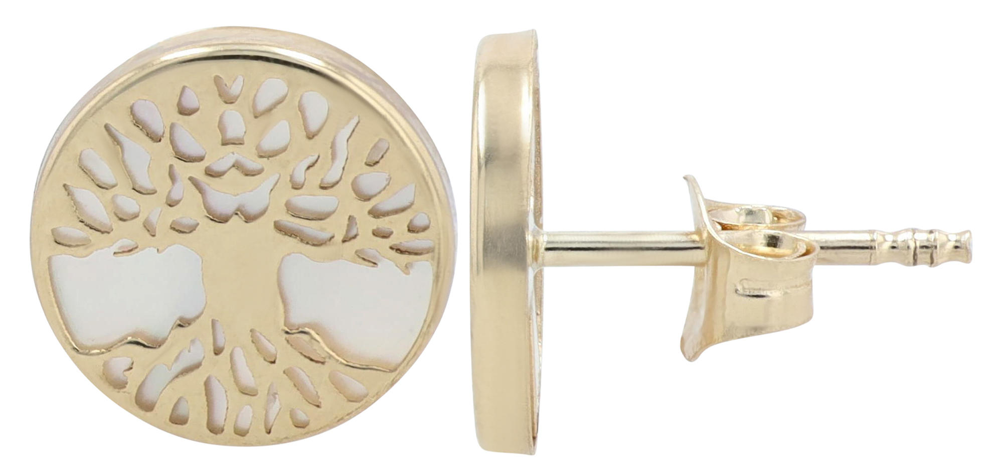 333/- Echt Gold "Cypress" Ohrstecker - Plättchen Ø 8 mm/ Lebensbaum - Gelbgold/ Perlmutt, 8 Karat