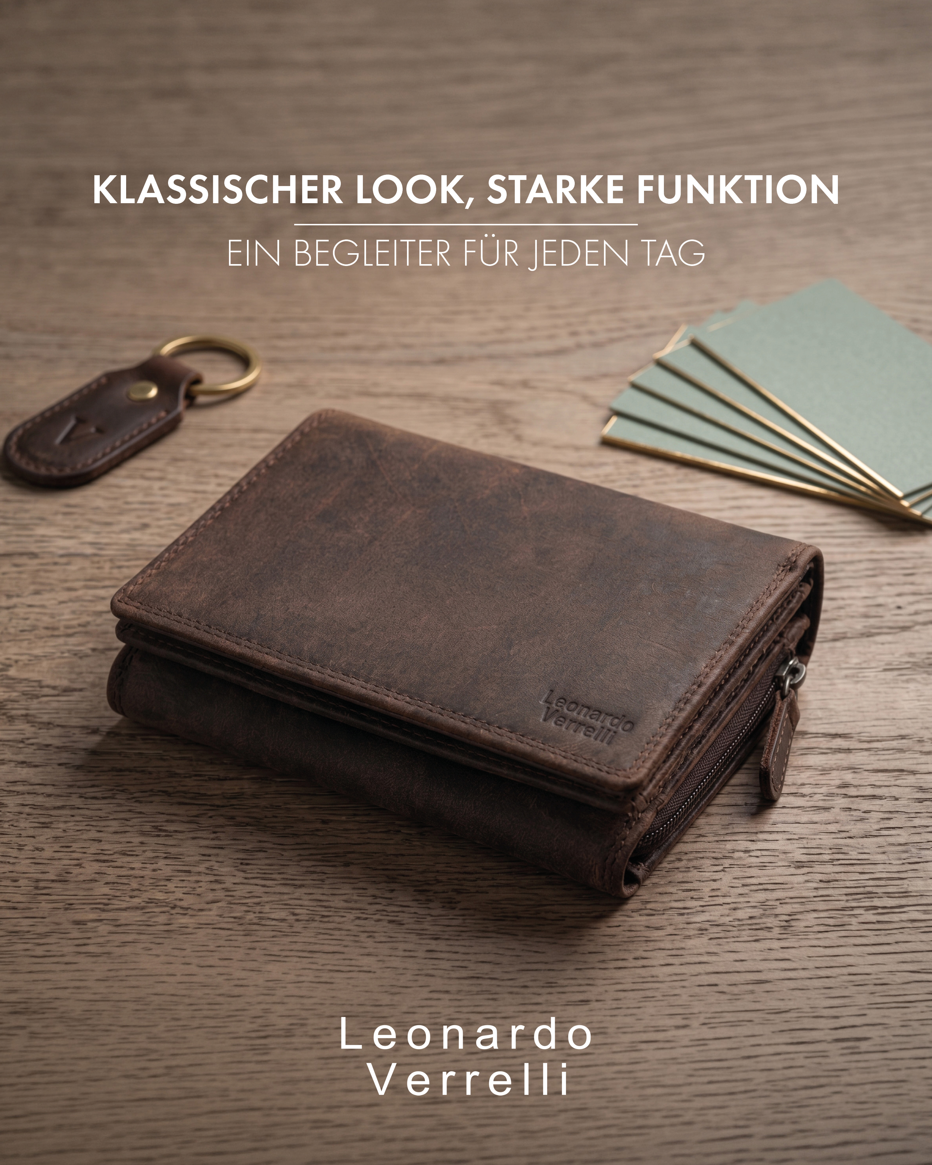 Leonardo Verrelli Echtleder (Hunter) Damen Geldbörse, Querformat, RFID, dunkelbraun
