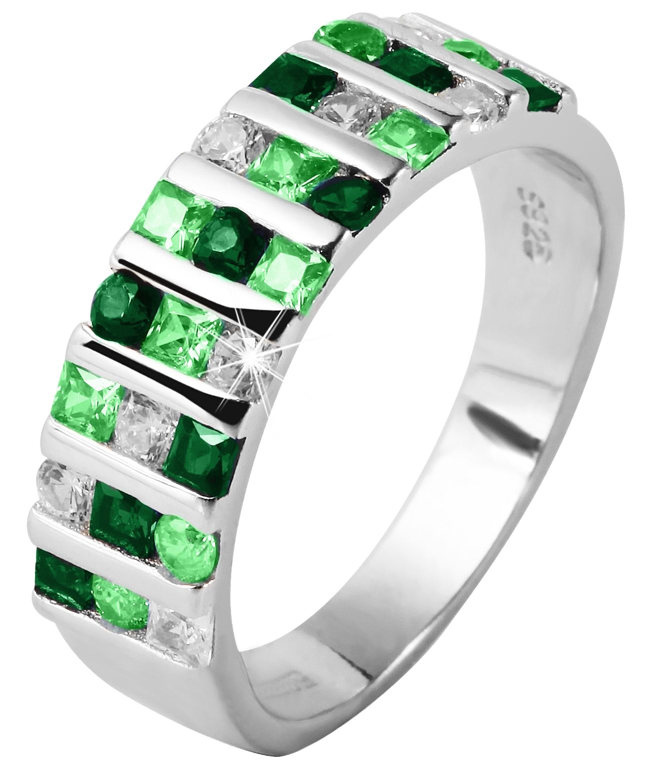 "Phillis" 925/- Echt Silber Ring Gr 54 mit grün-weißem Zirkoniabesatz, silberfarben rhodiniert