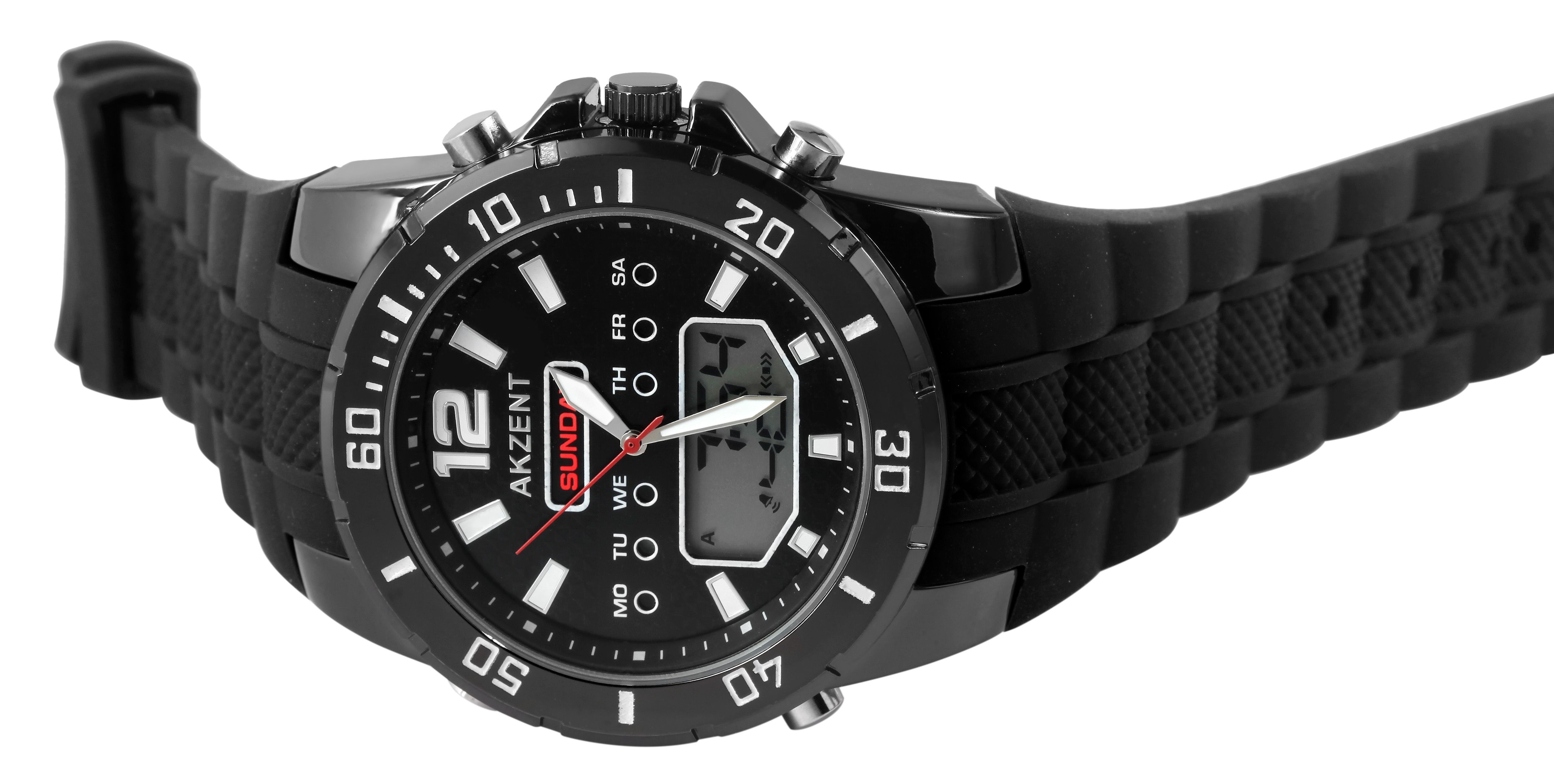 Akzent Analog-Digital Herrenuhr mit Silikonarmband, schwarz