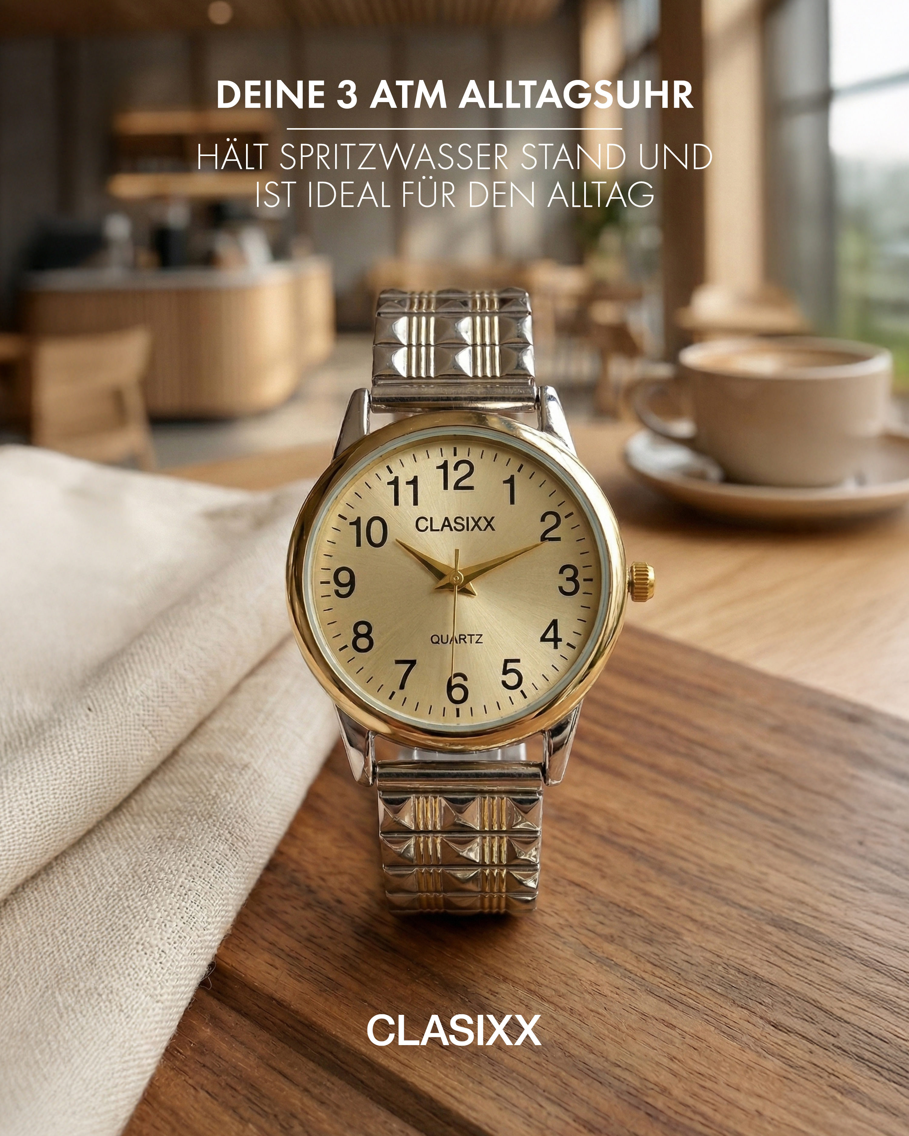 CLASIXX  Damenuhr mit Edelstahl-Zugband, Ø 28 mm, bicolor/ goldfarben