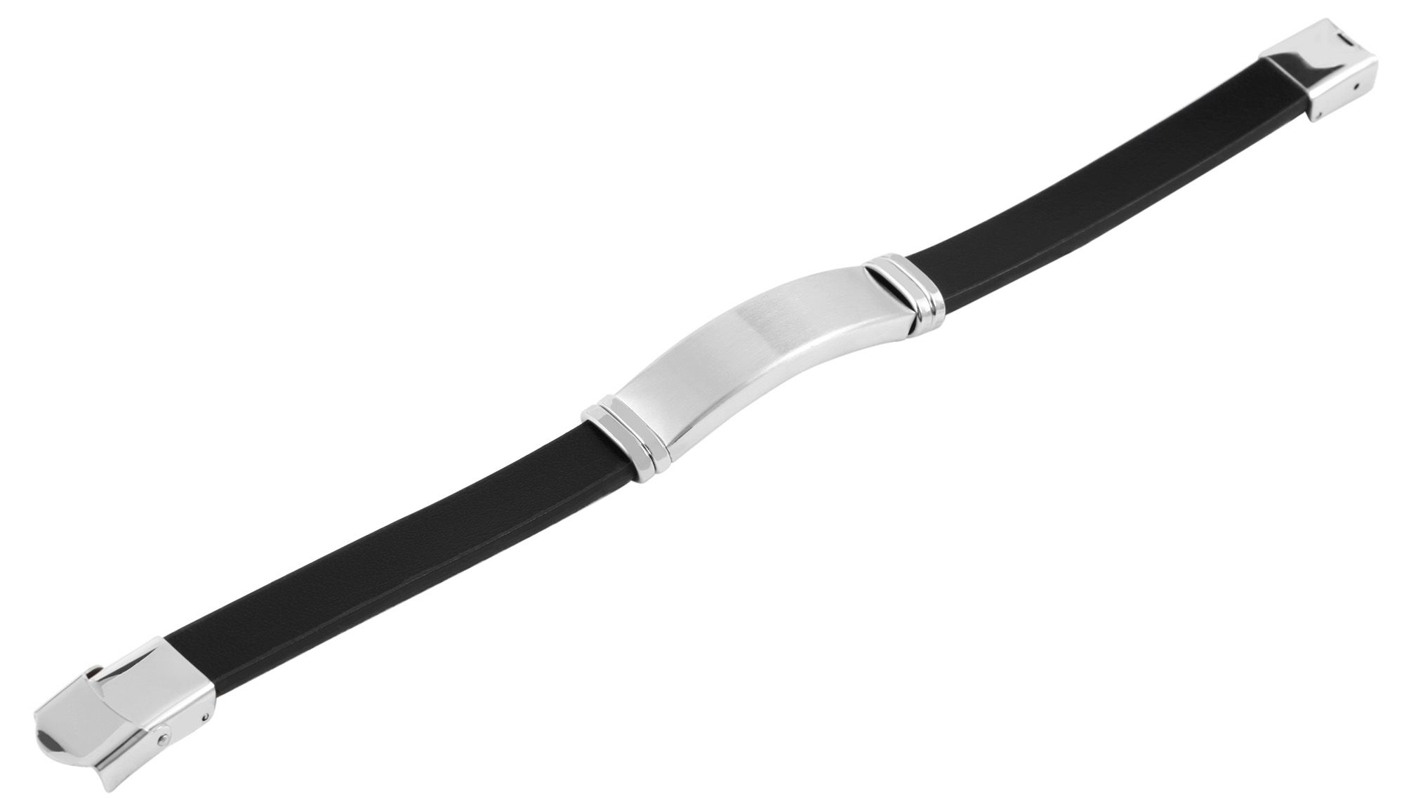"Lino", Akzent Armband, Echtleder, Edelstahlgravurplatte, schwarz/silberfarben, 21 cm