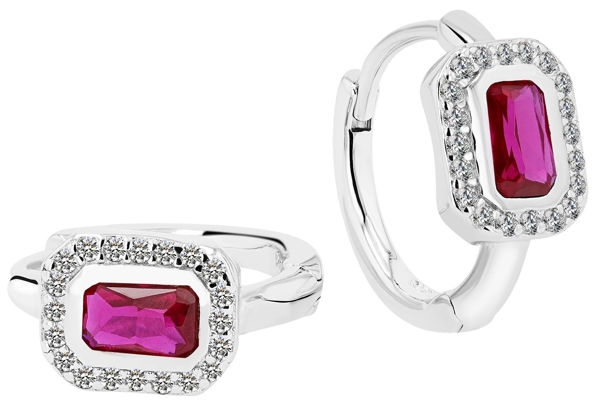 925/- Echt Silber Klapp-Creolen "Liora" mit roten und weißen Zirkonia, rhodiniert