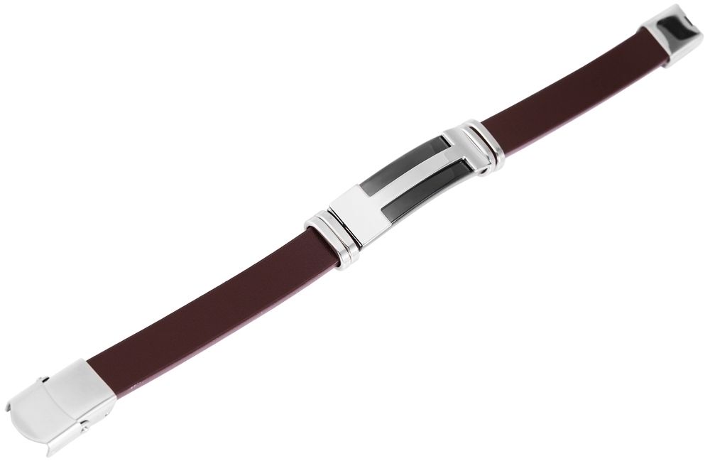 "Saleh", Echlederarmband mit Edesltahlplatte, 22 cm, braun/silberfarben