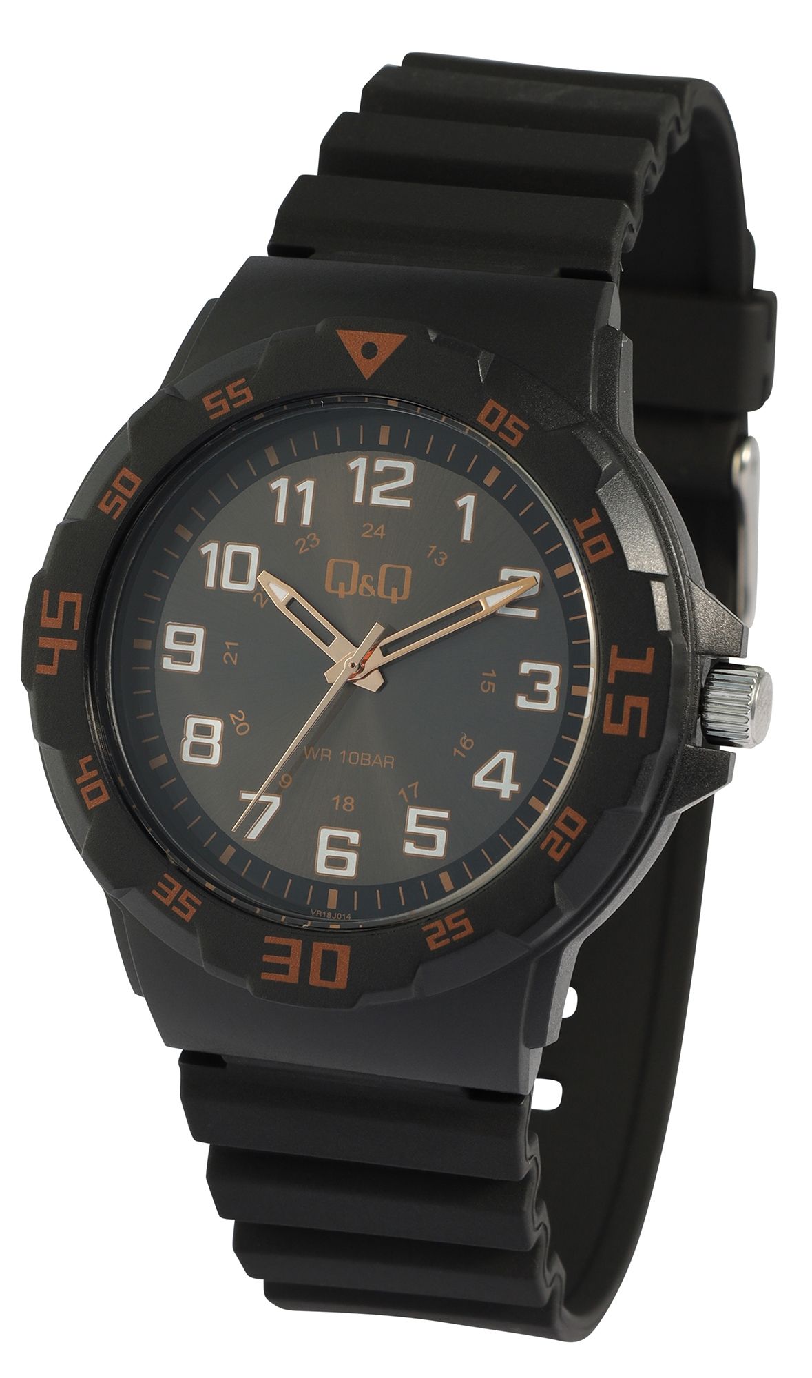 Q&Q Herrenuhr, Kunststoff, Silikonarmband, Ø 43 mm, schwarz/ braune Details
