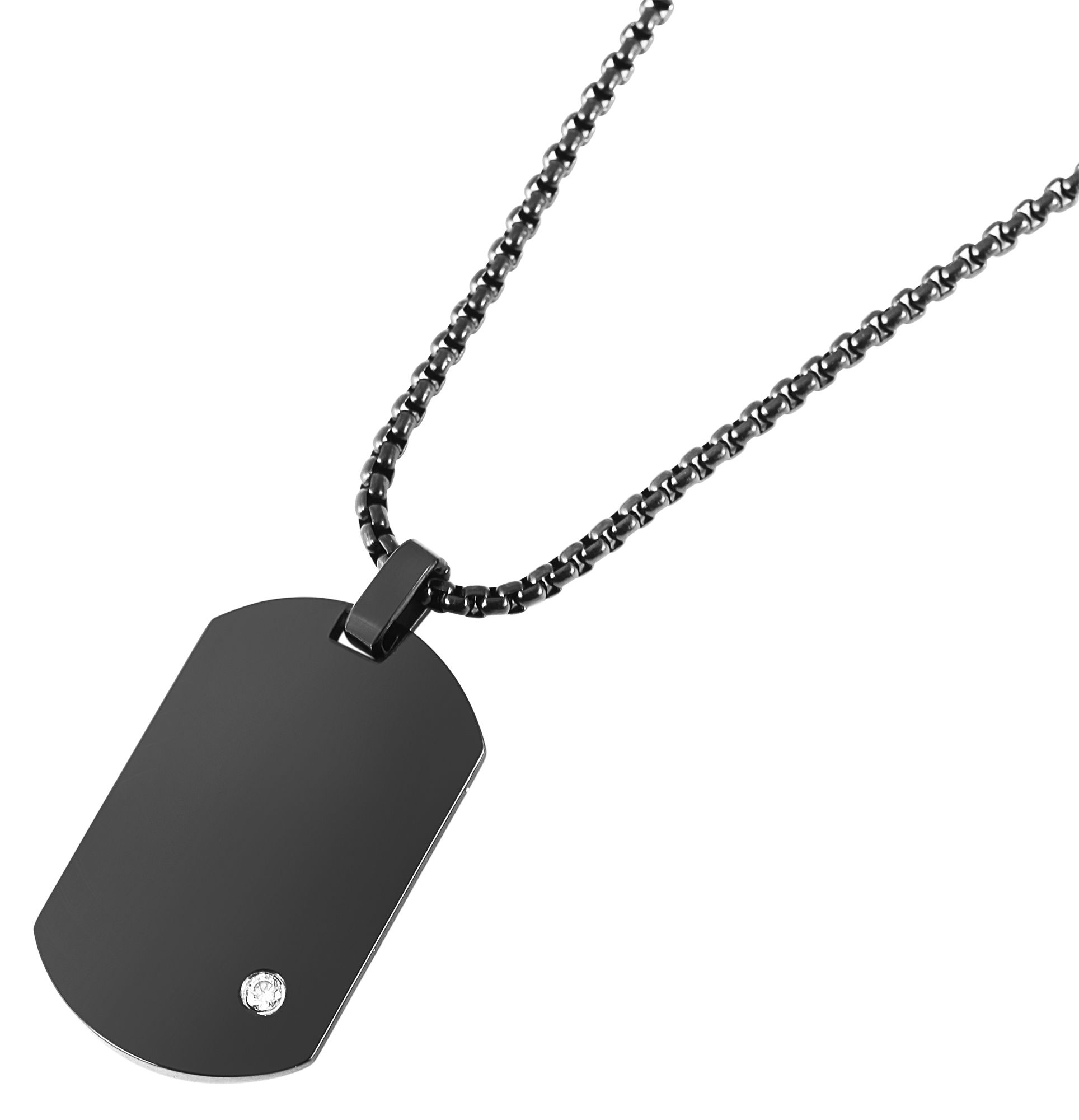 "Saranja", Edelstahl Halskette, Simili, Dog Tag, schwarz, gravurfähig, 61 cm