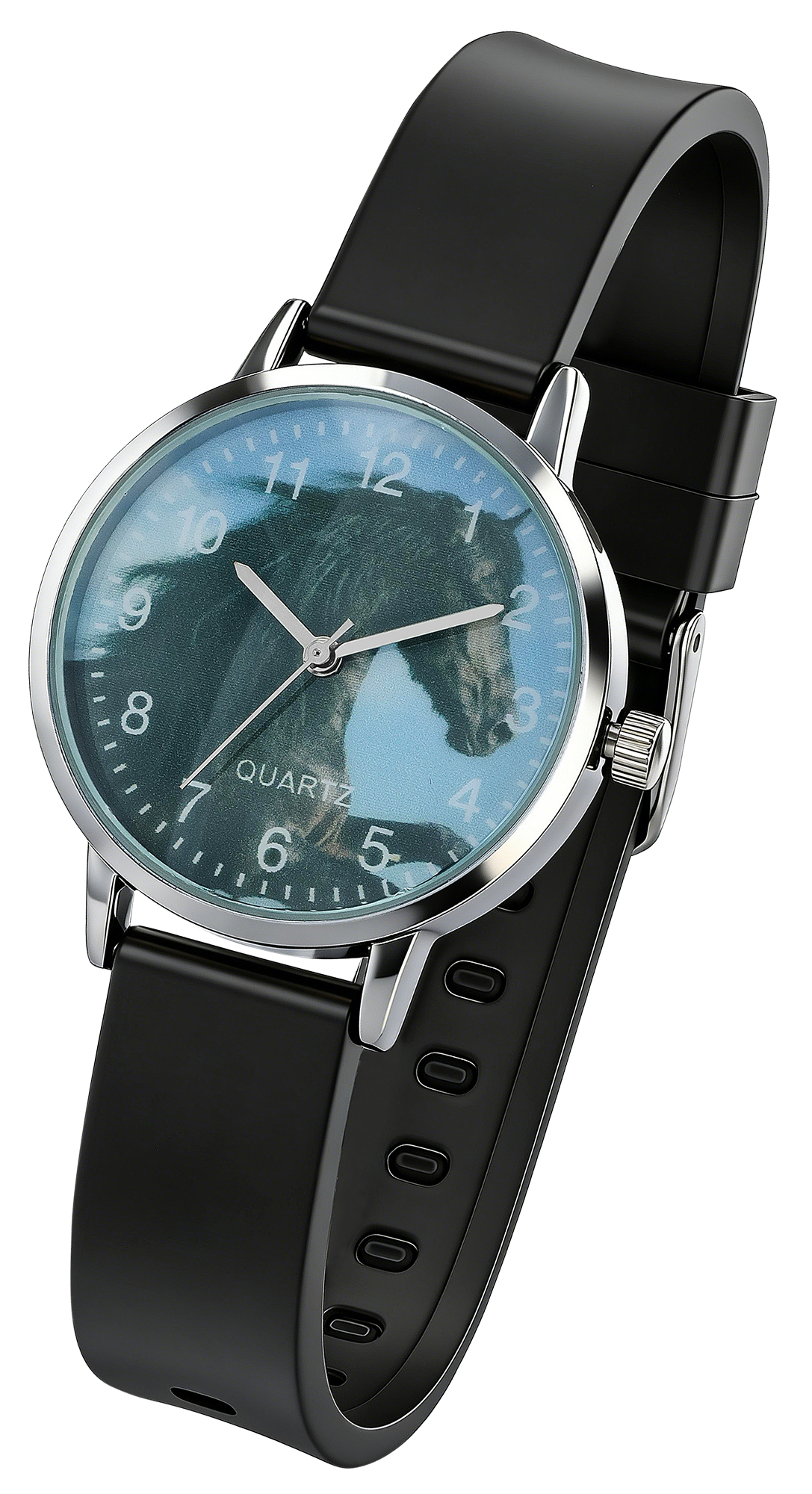Excellanc Damenuhr/ Jugenduhr "Pferd“ Ø 32 mm, schwarzes Silikonband