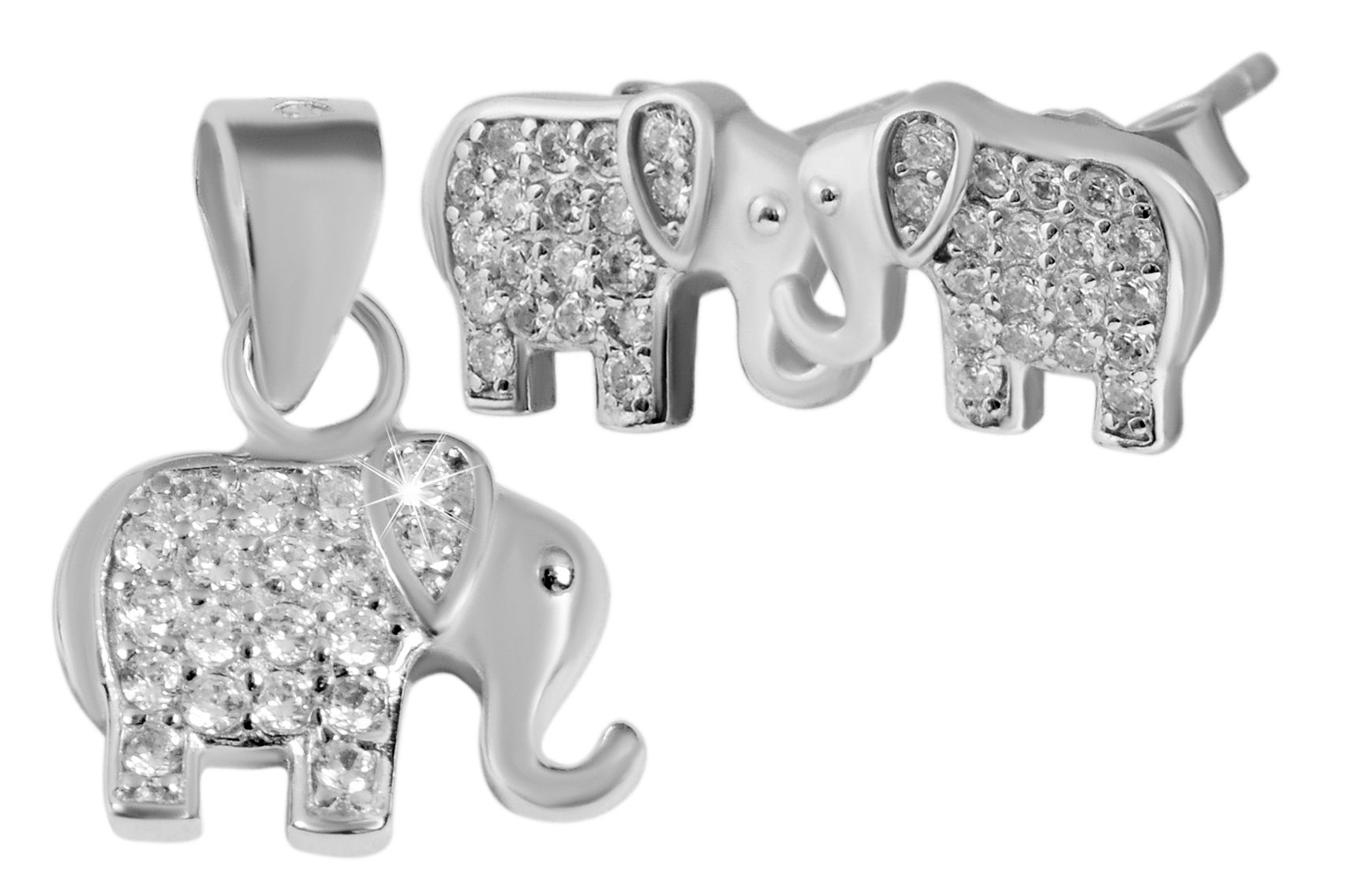 925/- Echt Silber Elefanten  Schmuck Sets Anhänger "Djura" Ohrstecker mit 45 Zirkonia Steinen