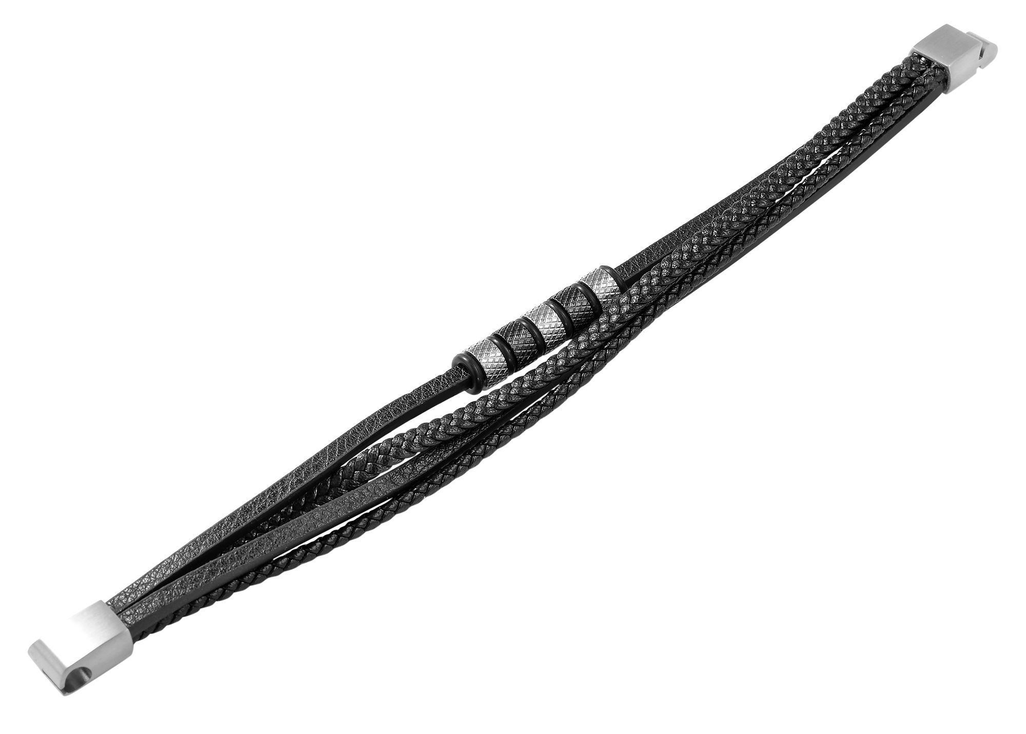 Akzent Armband aus Lederimitat mit Edelstahlelementen, schwarz/silberfarben, 19 cm