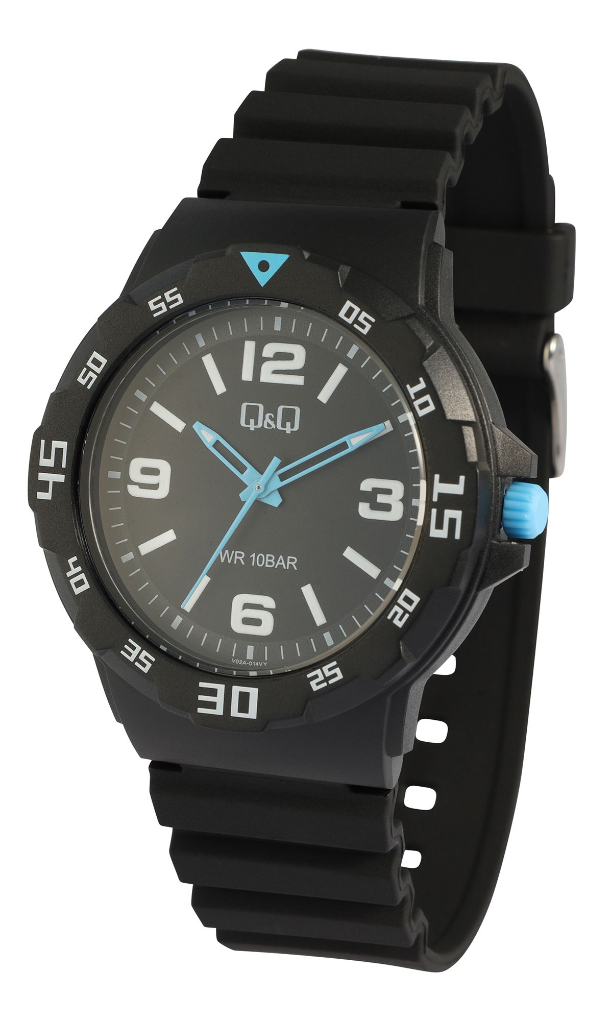 Q&Q Herrenuhr, Kunststoff, Silikonarmband, Ø 42 mm, schwarz (hellblau)