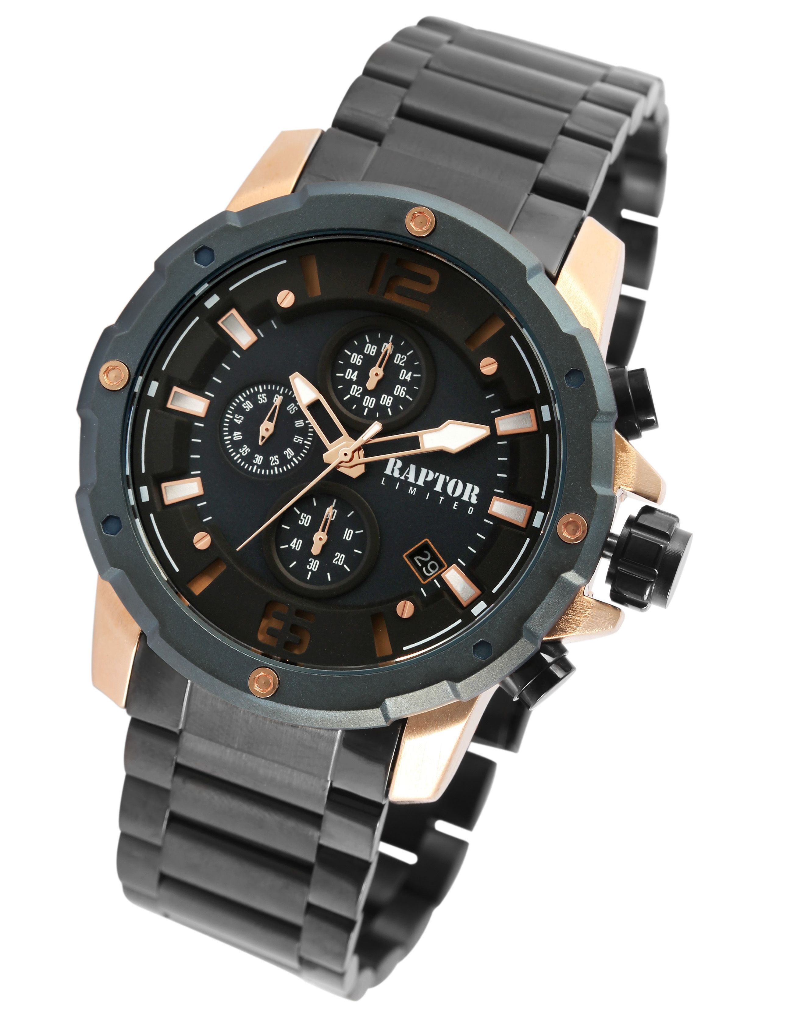 Raptor Limited Herrenchronograph "Soheil" mit Edelstahlarmband, schwarz/roségoldfarben