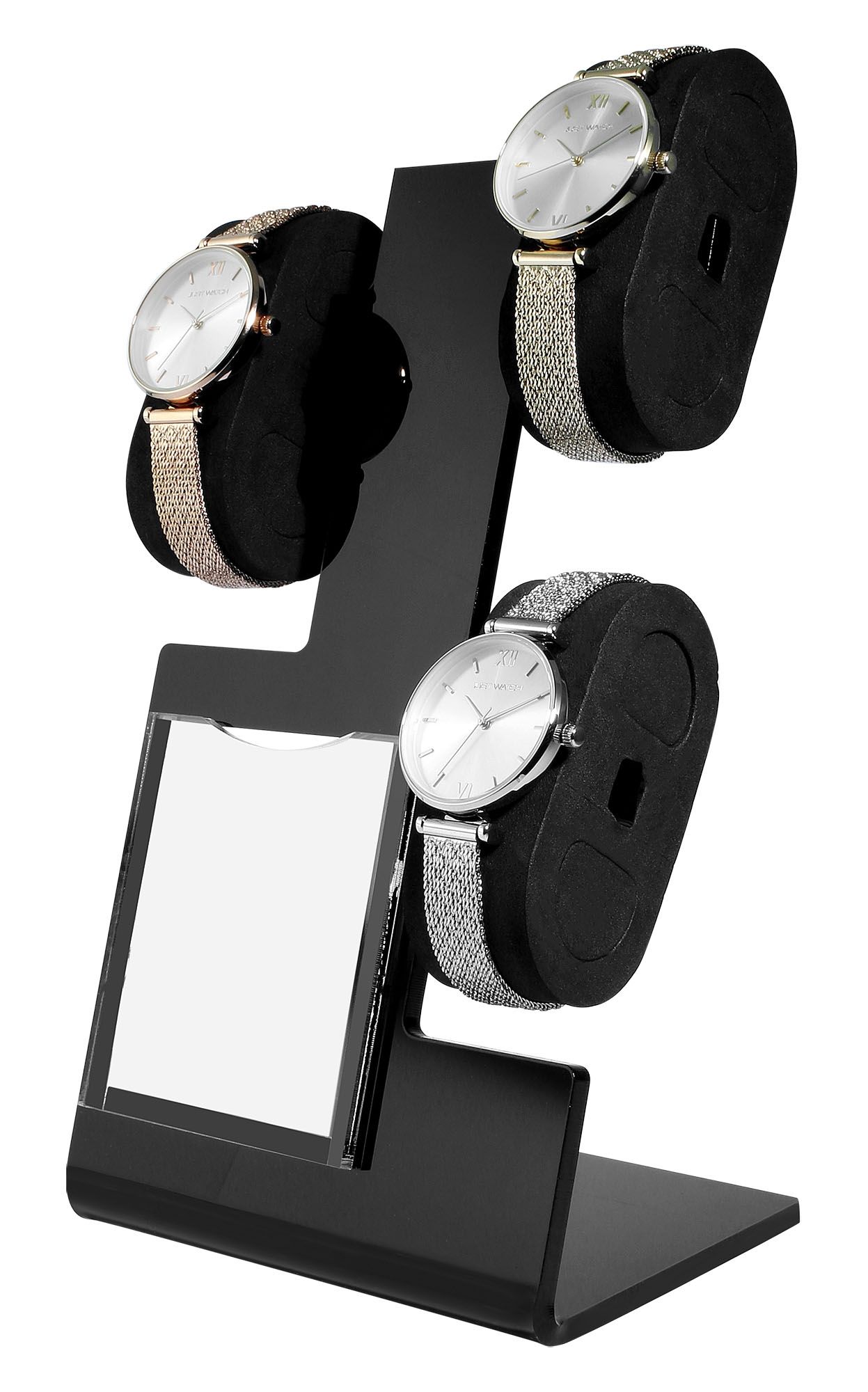 Uhrendisplay für 3 Uhren (Dekoserie Shiny) mit Werbefläche, Kunststoff, 22 cm, schwarz