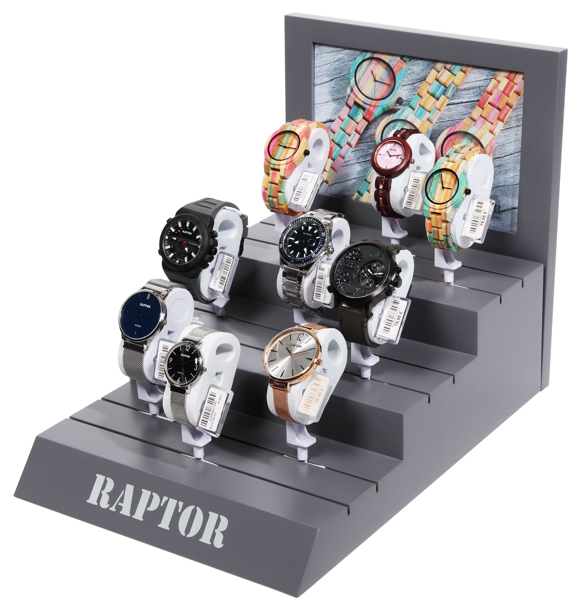 Raptor Uhrendisplay, grau mit Uhrenaufsteller, 27 cm x 39 cm x 30 cm