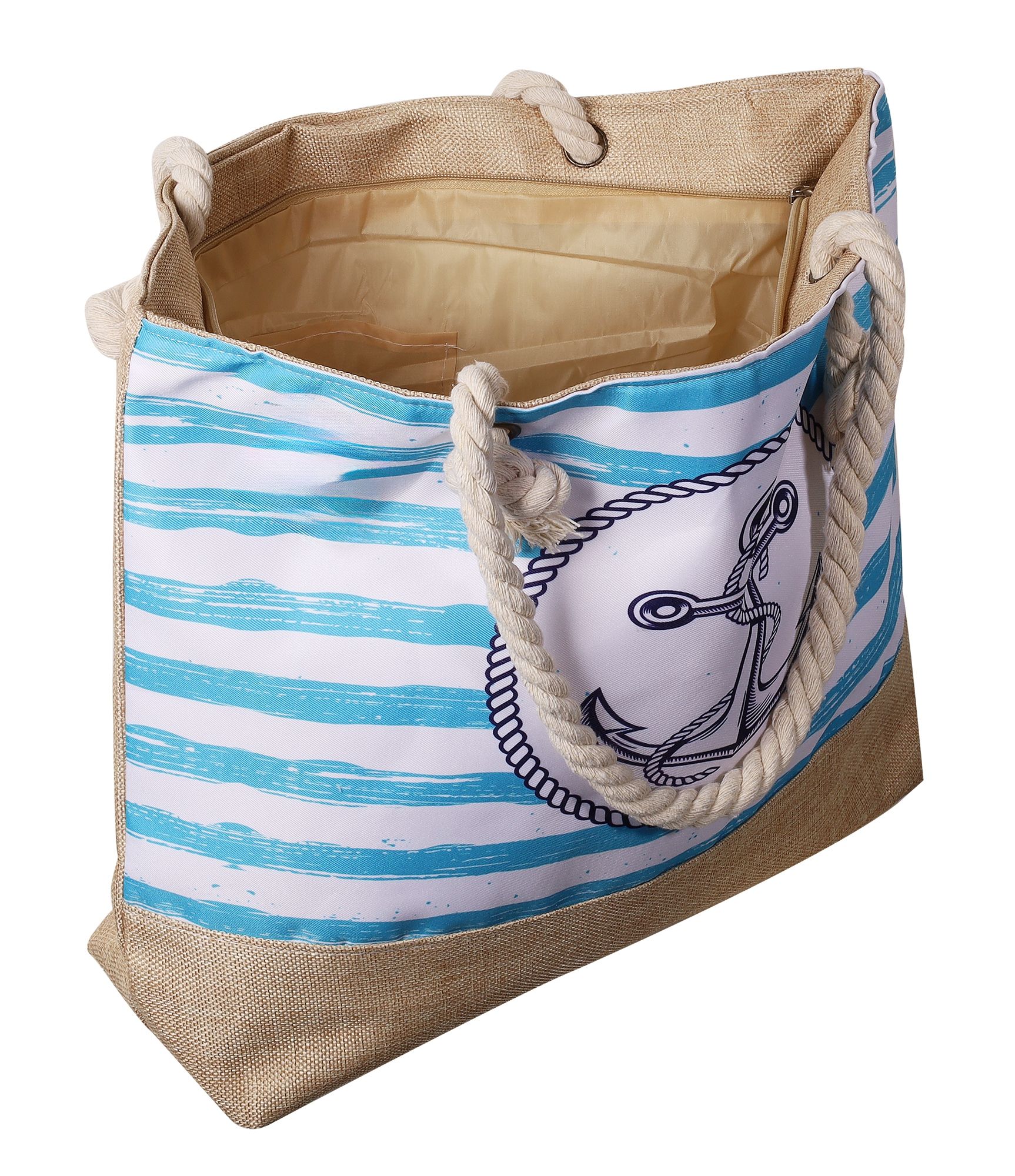 Strandtasche mit maritimen Motiven, hellblau/weiß gestreift