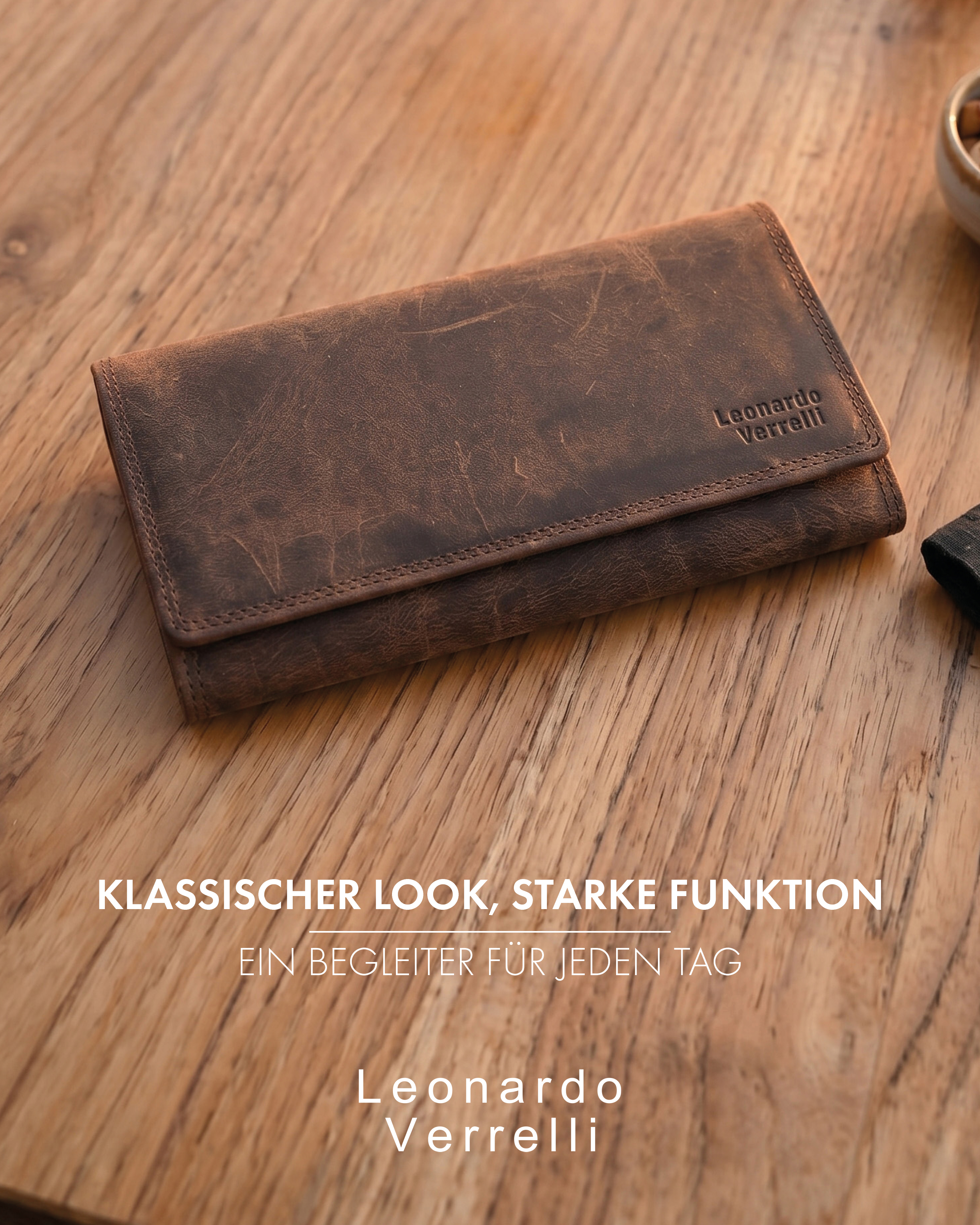 Leonardo Verrelli Echtleder (Hunter) Damen Geldbörse, Querformat, RFID, dunkelbraun