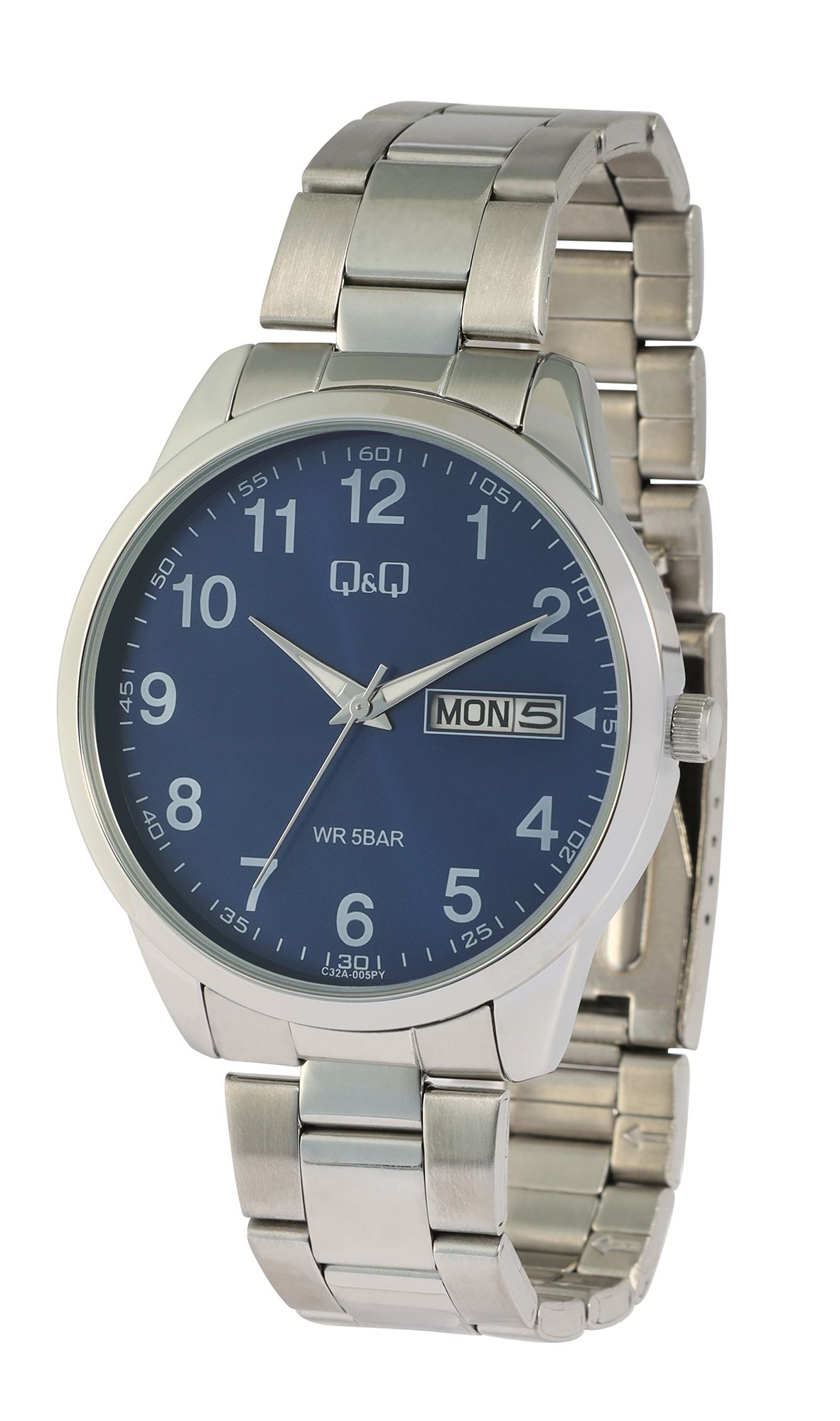 Q&Q Herrenuhr mit Gliederarmband aus Edelstahl, 5 ATM, silberfarben/ZB blau