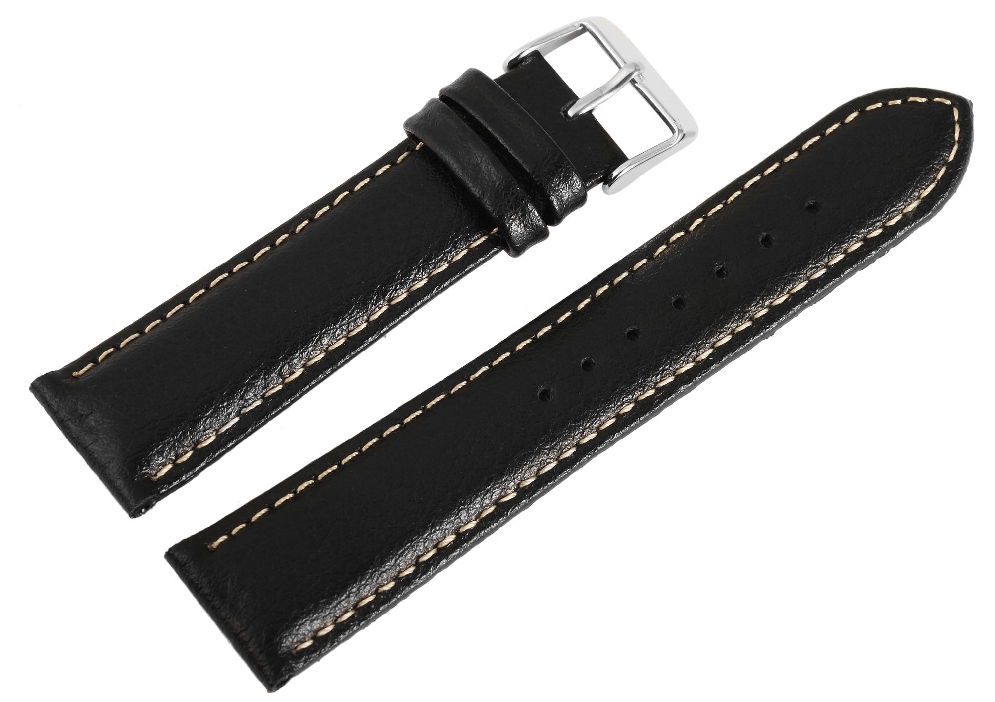 Echtleder Uhrenarmband, Edelstahl Dornschließe, schwarz mit weißer Naht, 18 mm