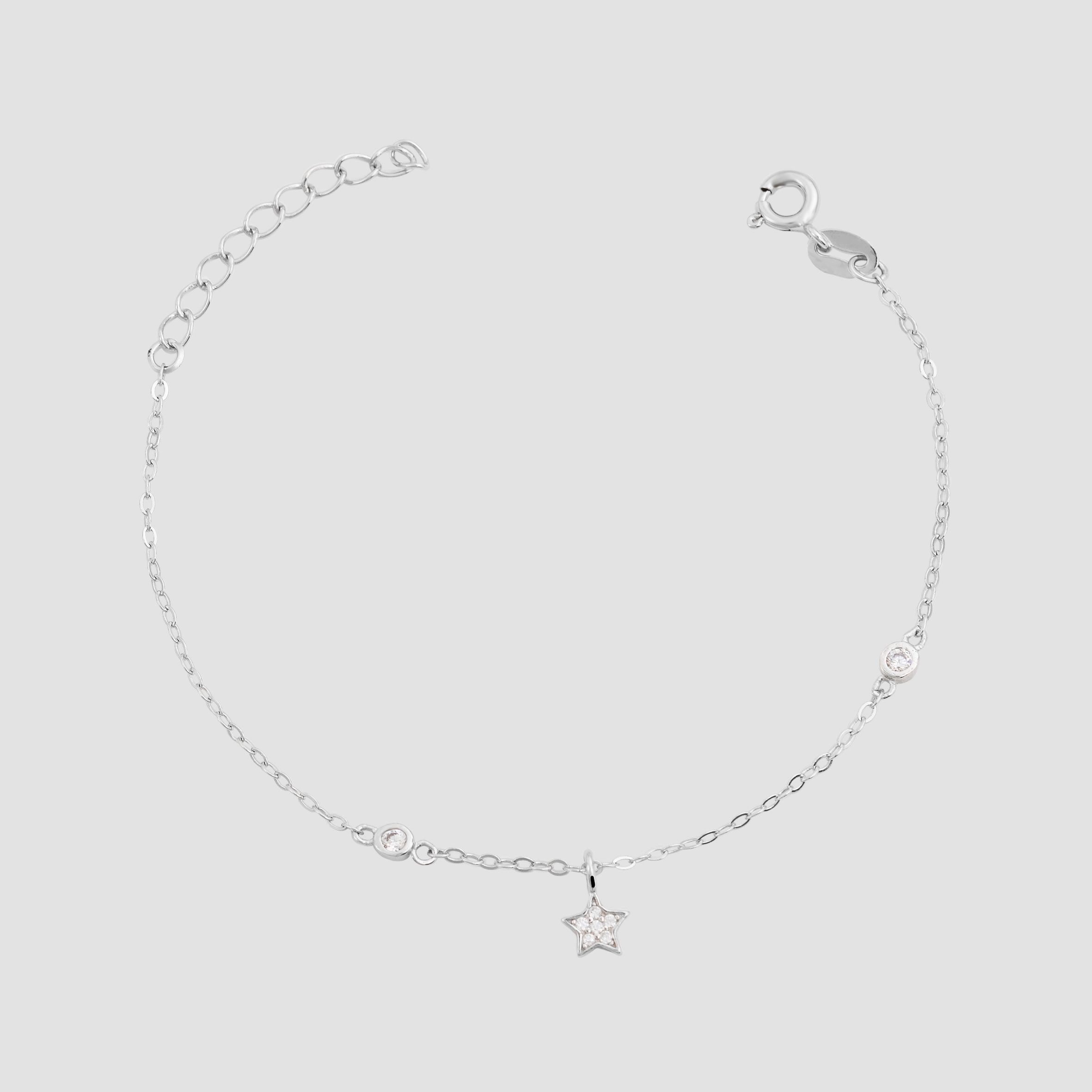 "Arij" 925/rh Echt Silber Armband 14 + 3 cm, Sternanhänger , Zirkoniabesatz, silberfarben/ rhodiniert