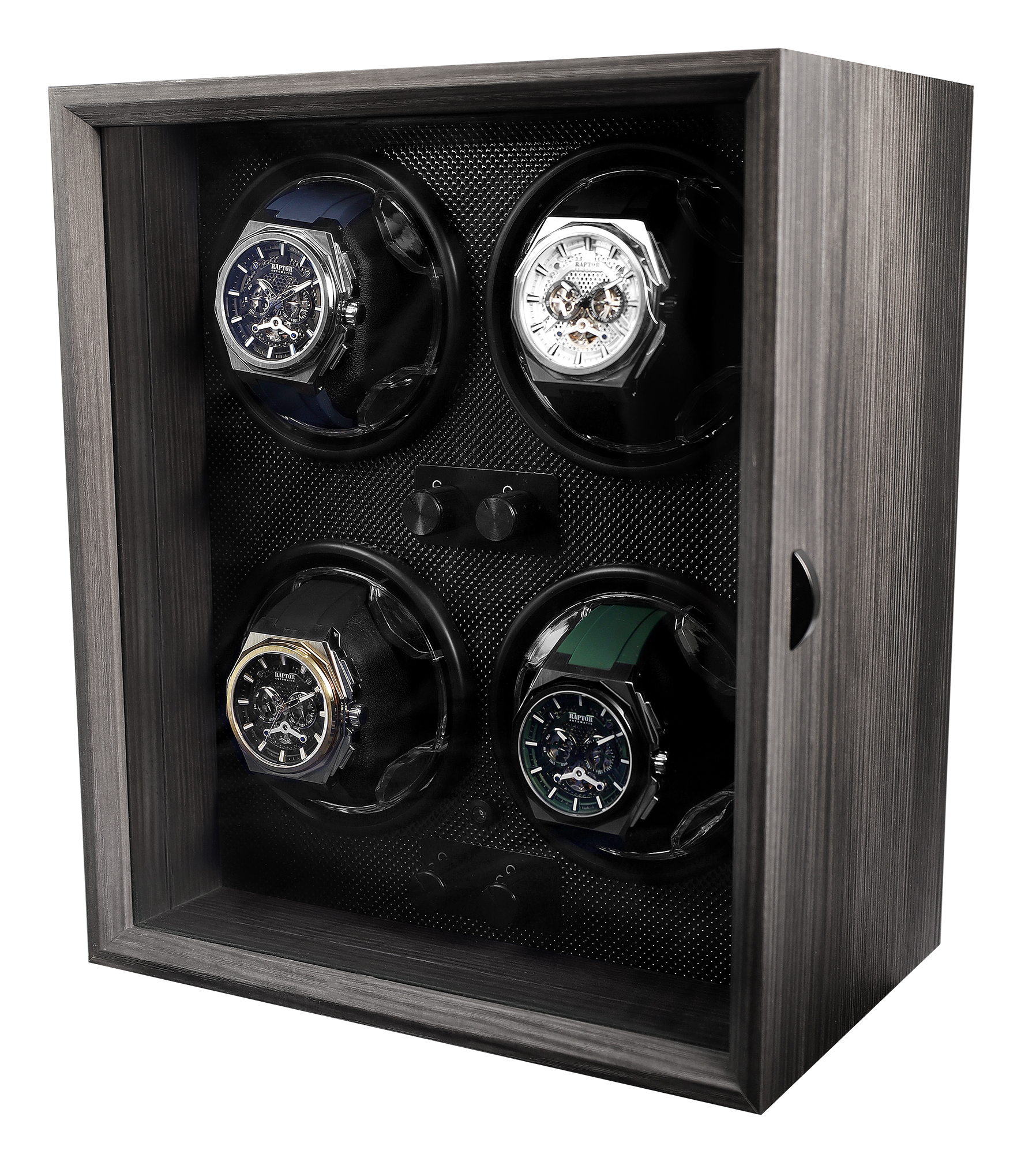 Automatischer Uhrenbeweger für 4 Uhren in Dunkelgrau-Braun (Holzoptik), LED, USB-DC