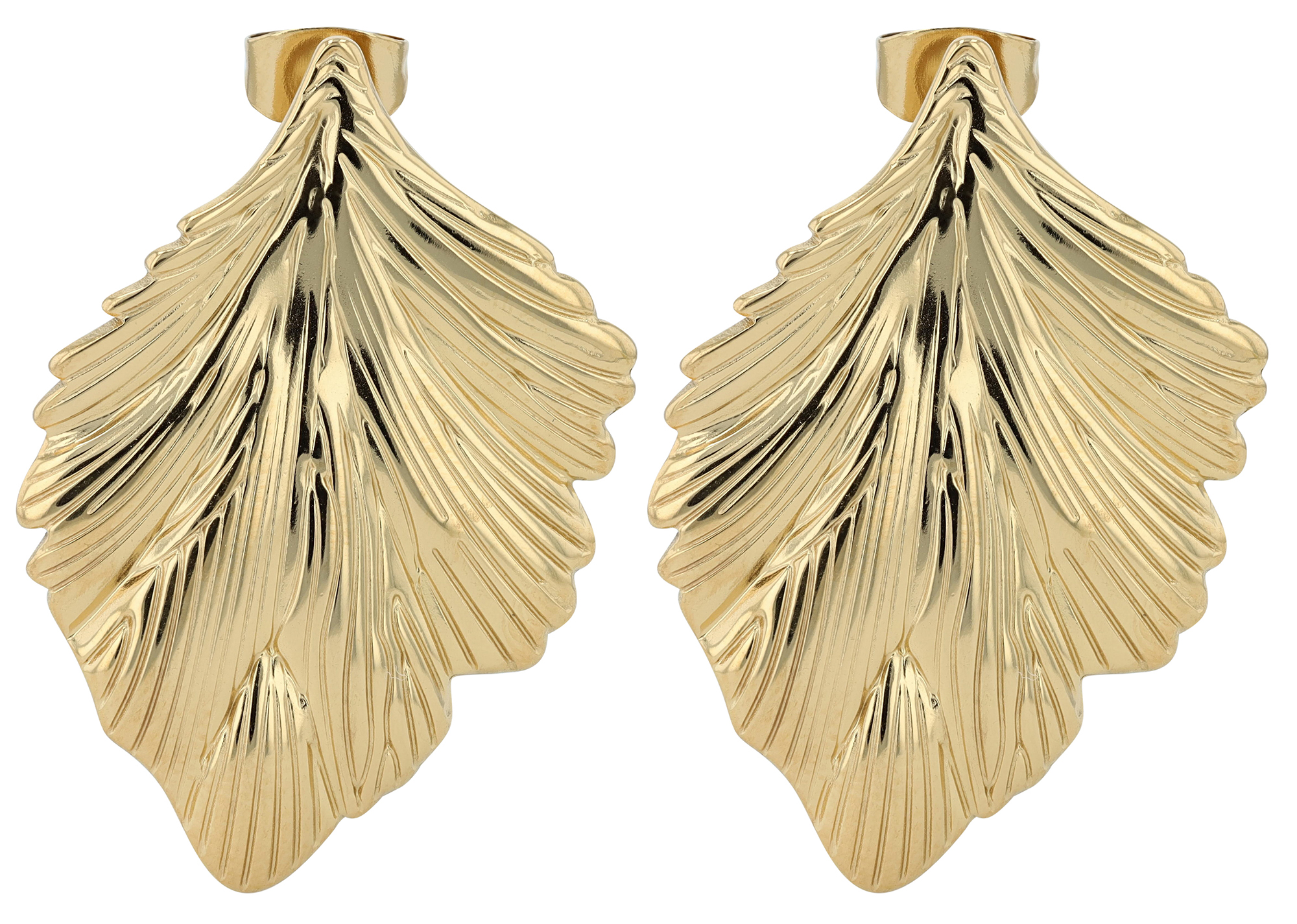 "Judi" Edelstahlohrringe, Blatt, Statement, goldfarben
