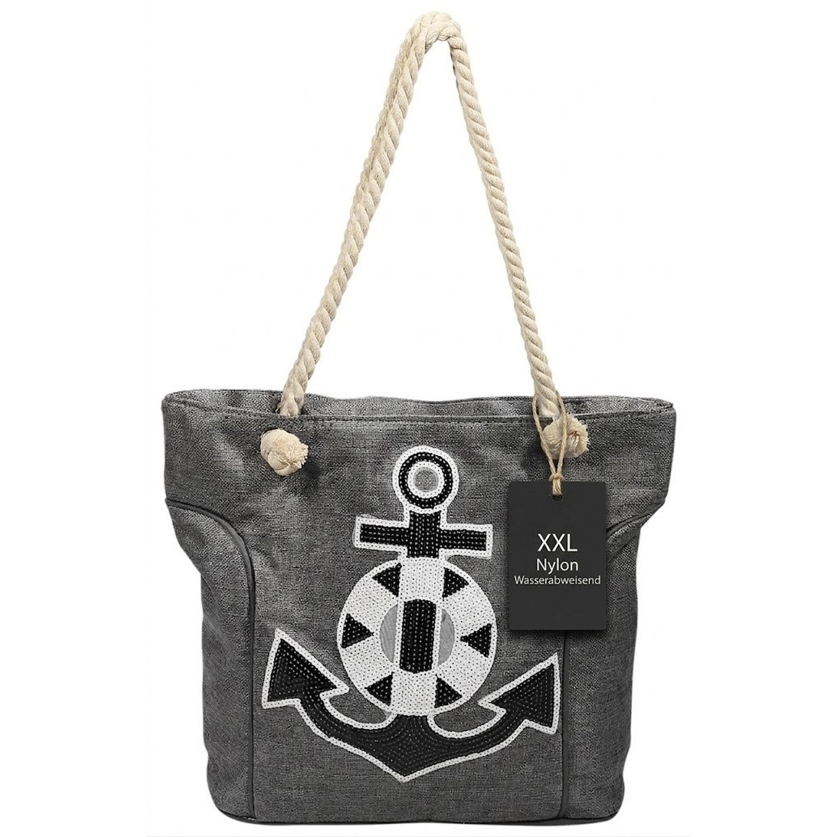 Strandtasche aus Nylon, Ankermotiv aus Pailletten, grau
