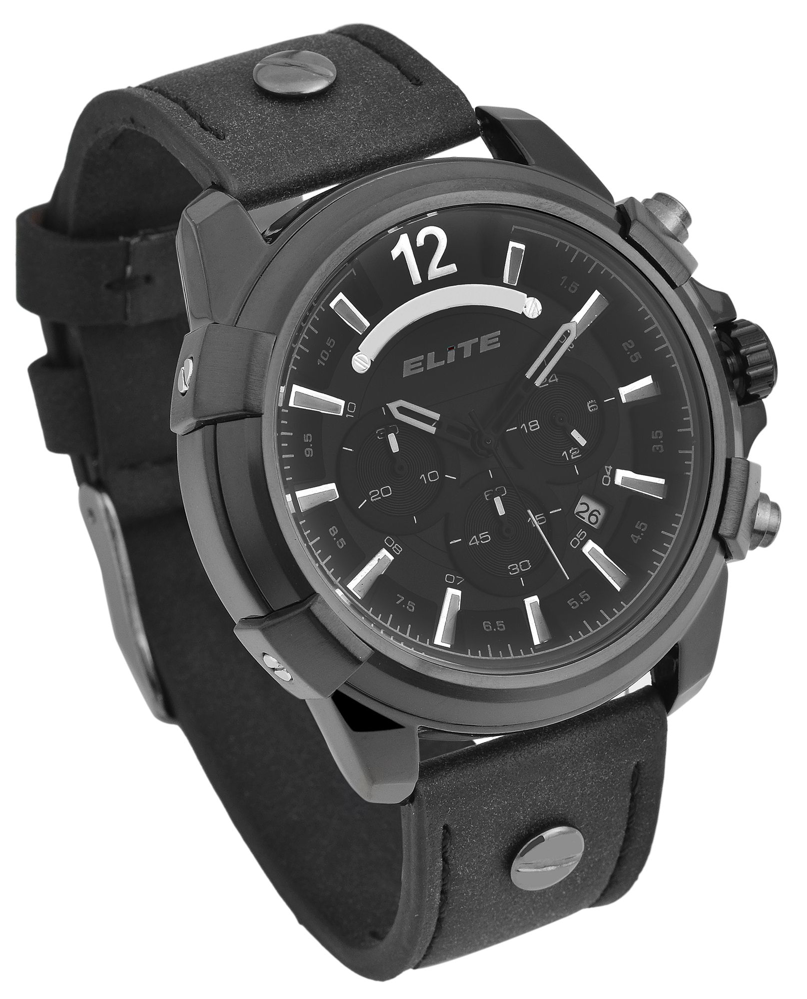 Elite Herren Chronograph mit Lederimitationsband, 3ATM, Schwarz