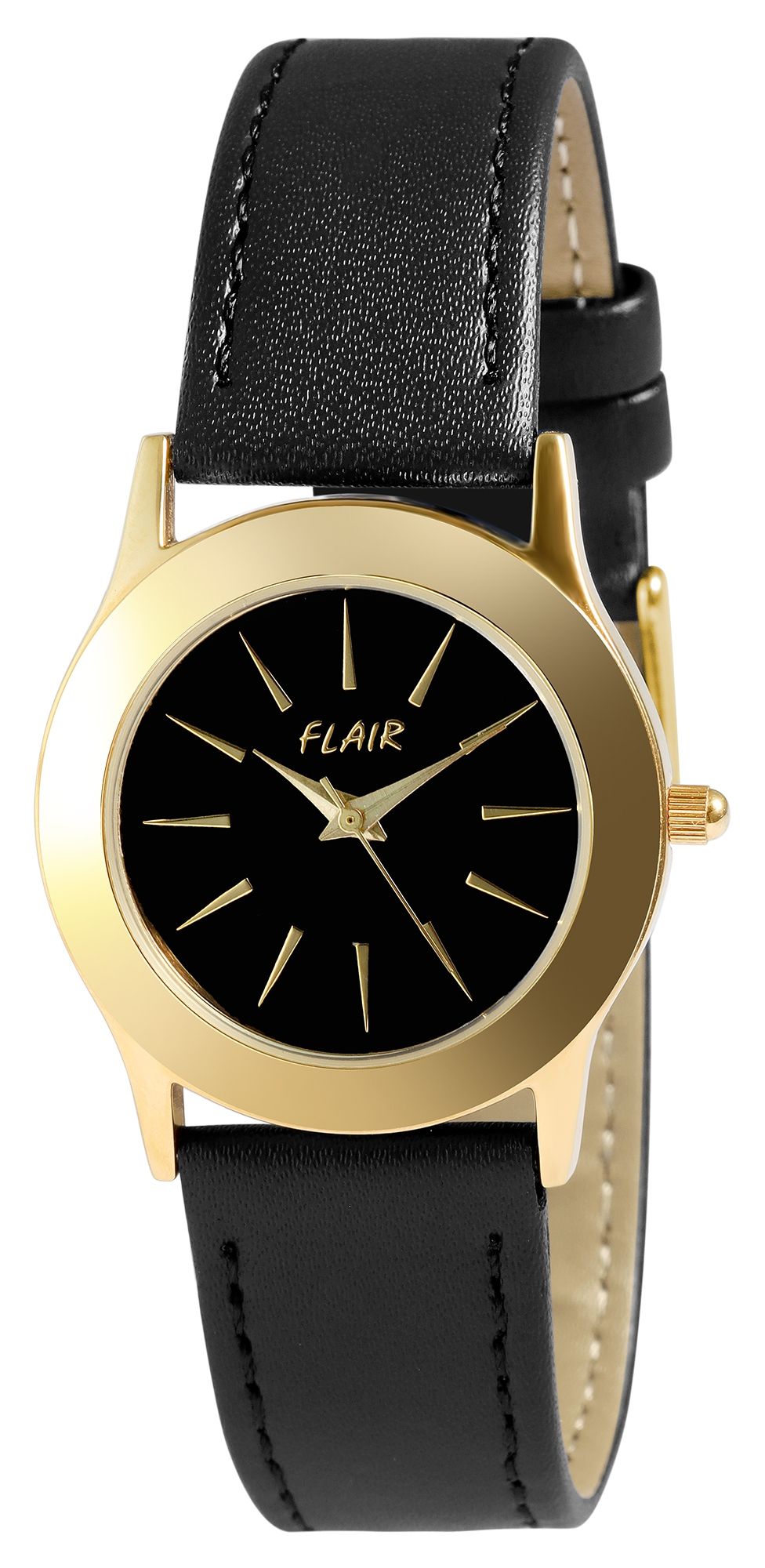 Flair Damenuhr mit Echtlederarmband, 5 ATM, schwarz/goldfarben