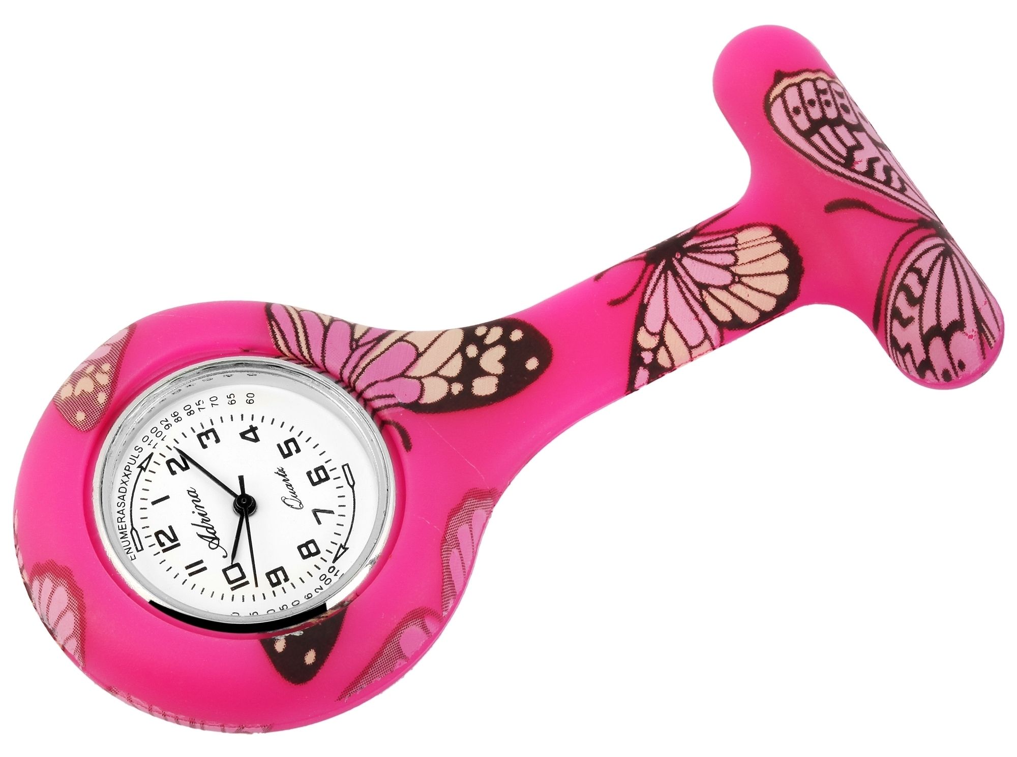 Adrina Krankenschwesteruhr aus Silikon, pink mit Schmetterlingen