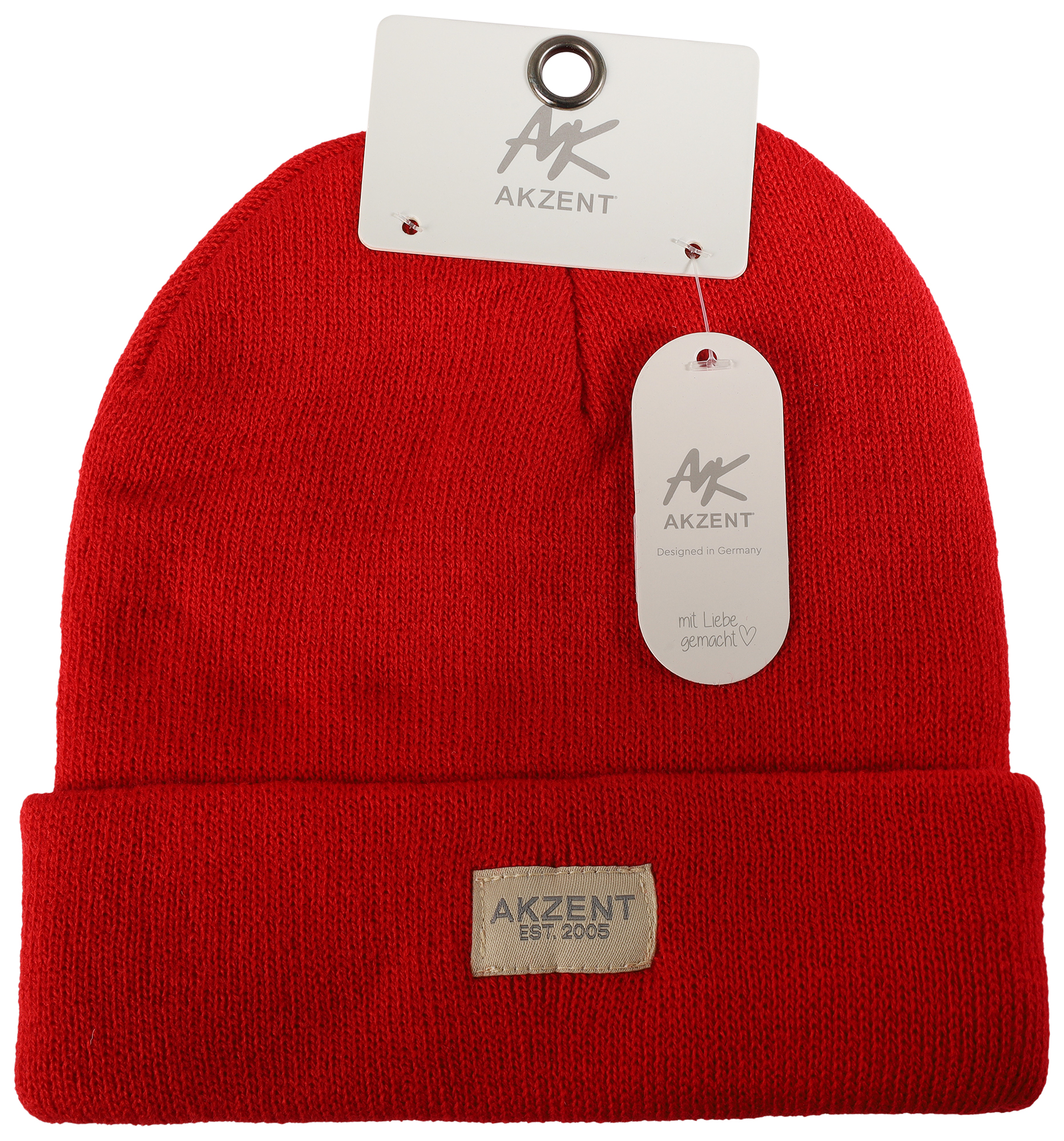 Akzent Strickmütze/ Beanie mit Umschlag, 100% Acryl, 4-VE, rot