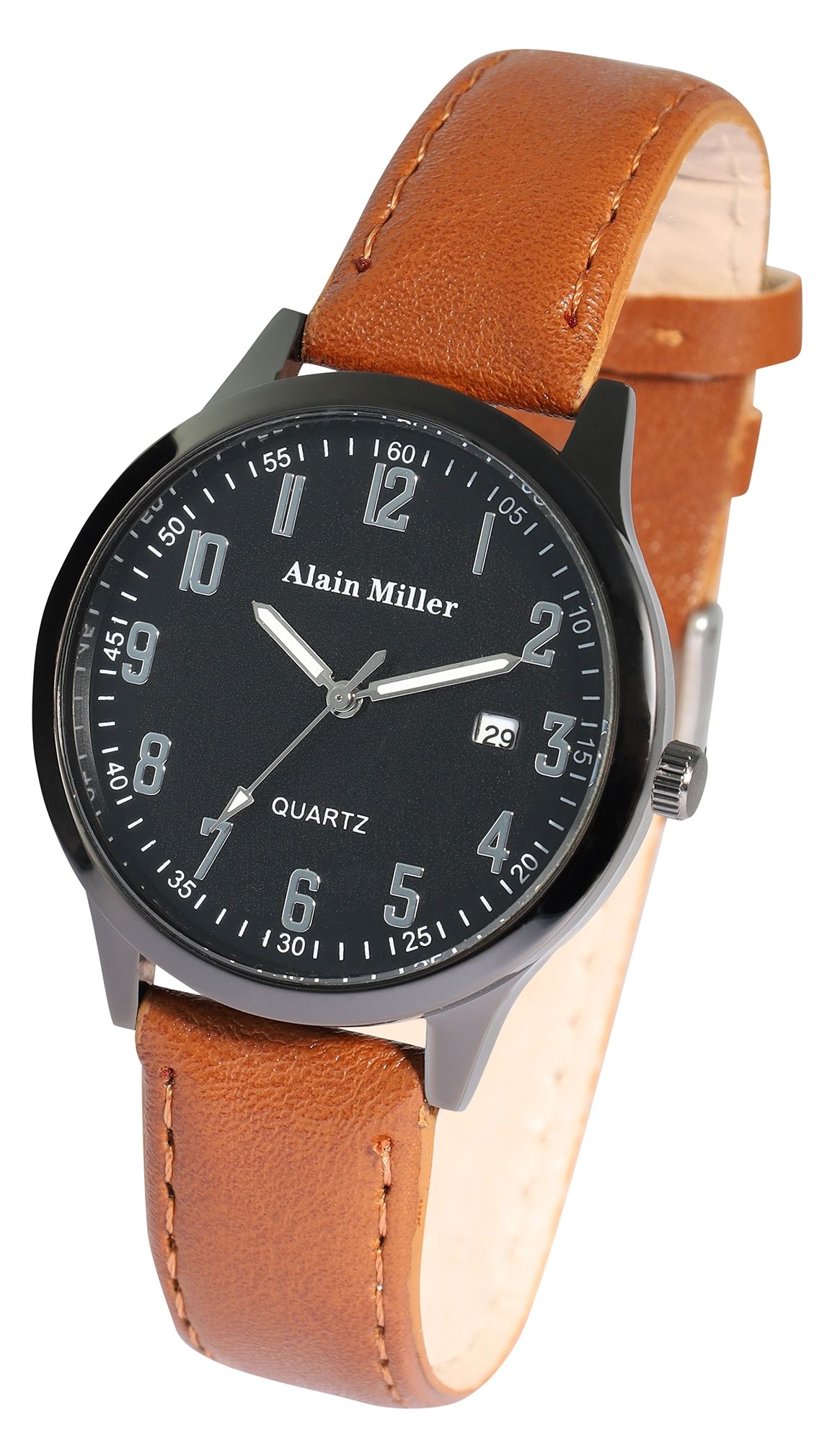 Alain Miller Herrenuhr mit Band aus Lederimitat, braun + schwarz