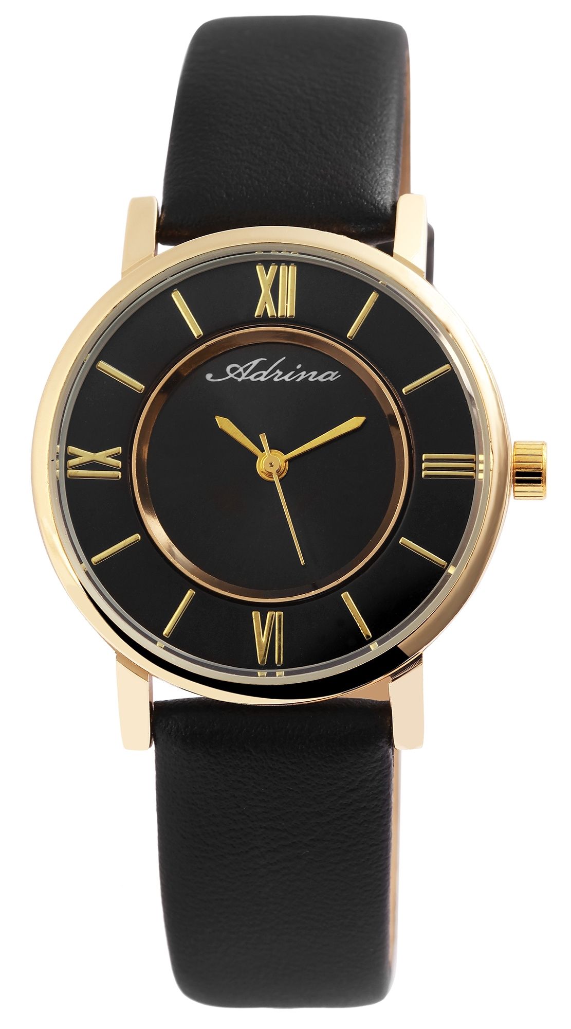 Adrina Damenuhr mit Lederimitationsband, Ø 32 mm, schwarz/ goldfarben