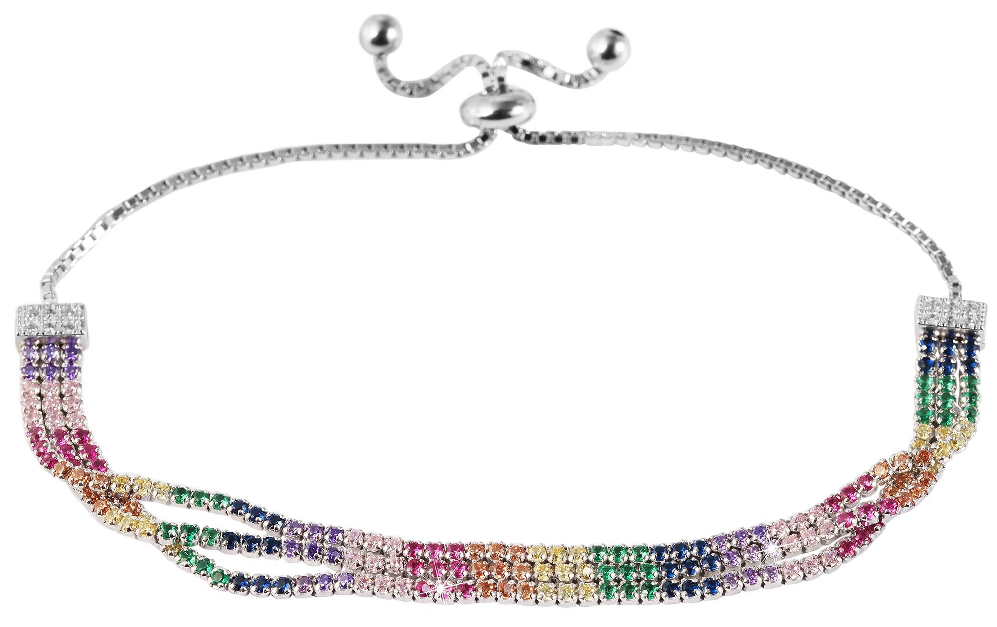 Silber Armband, dreireihig 925/rhodiniert, 195 bunte Zirkonia