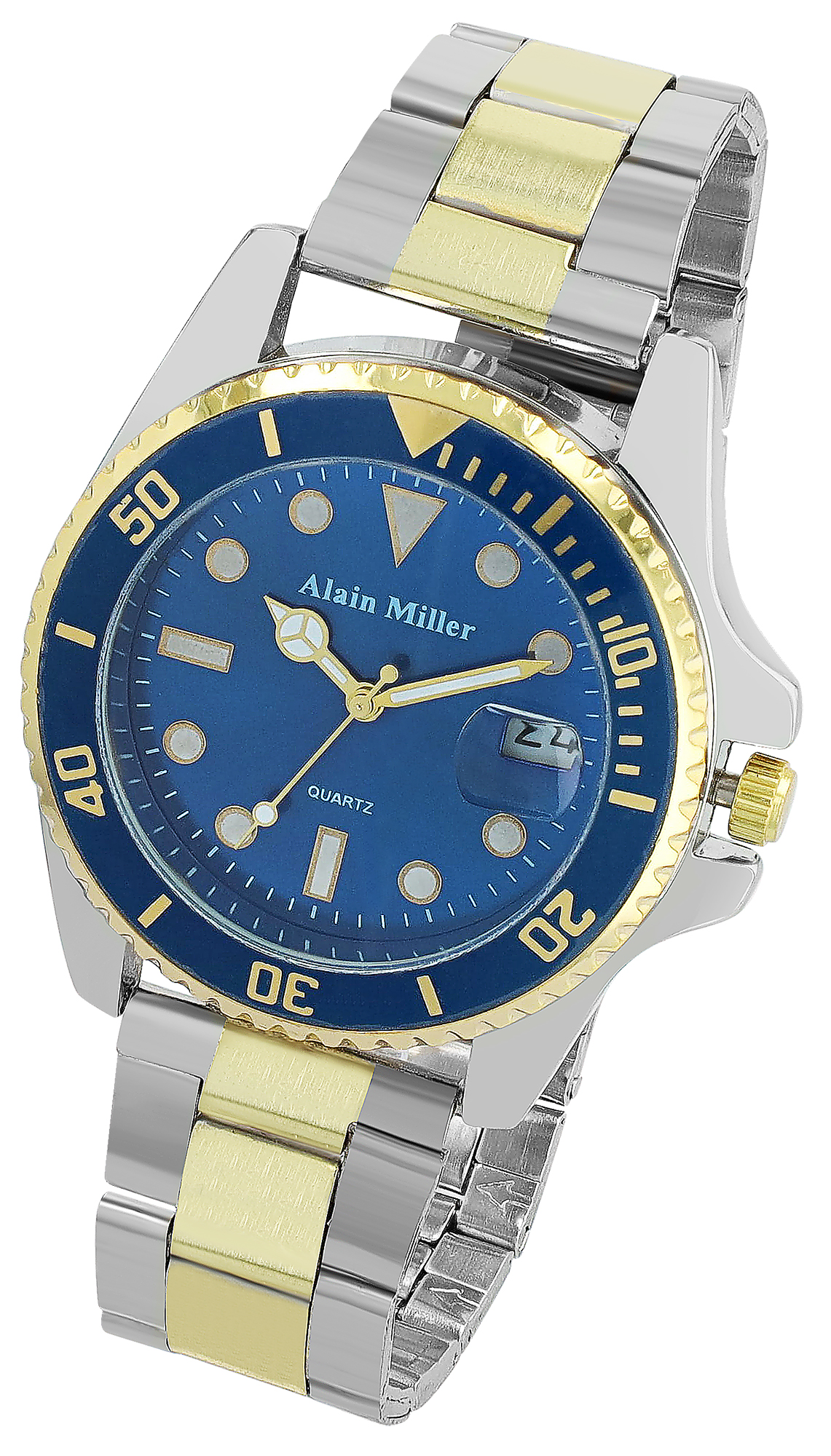 Alain Miller Herrenuhr mit Edelstahlarmband, Ø 39 mm, bicolor/ blau