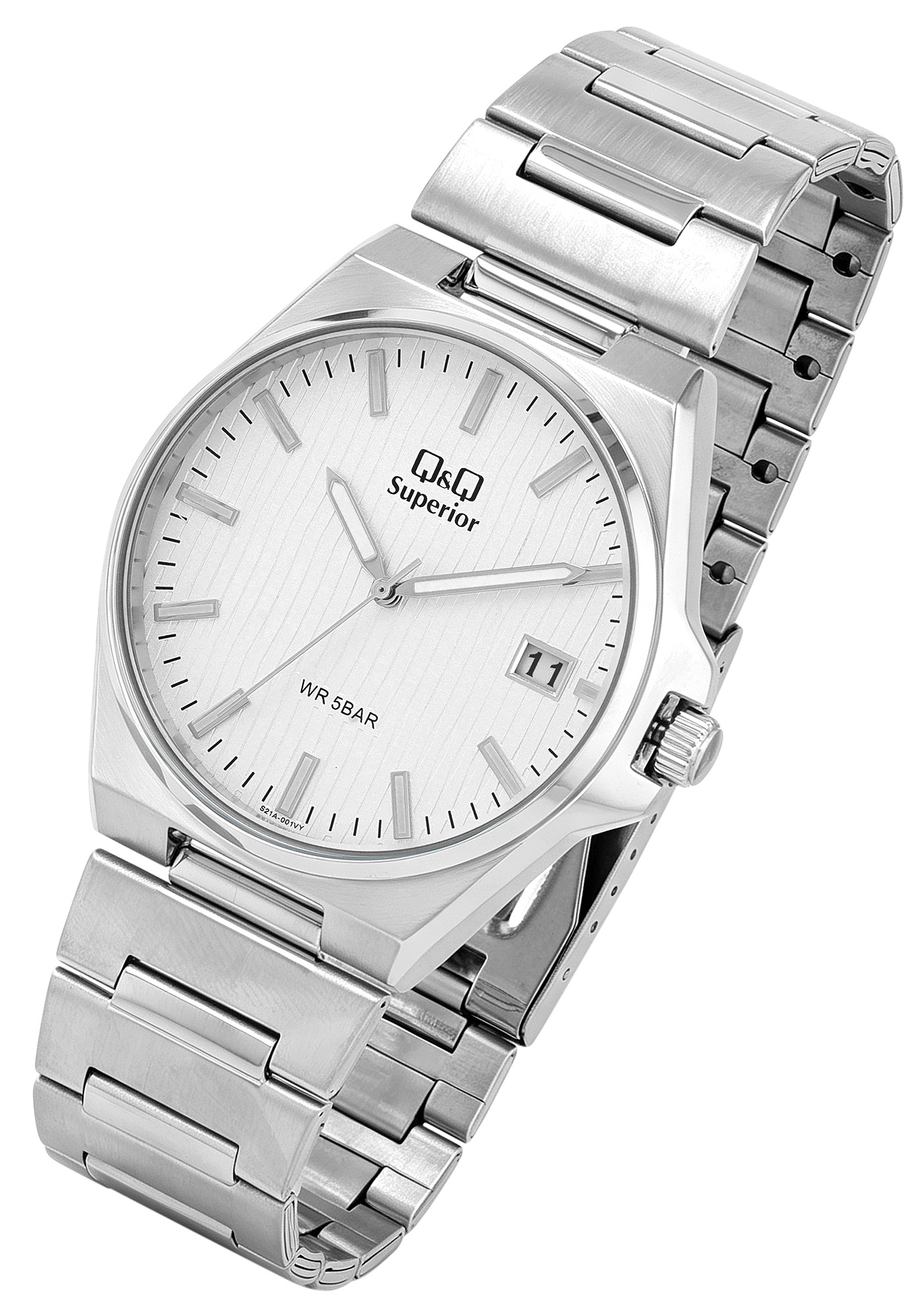 Q&Q Superior Herrenuhr Ø 40 mm, Edelstahlgehäuse, Edelstahlband, silberfarben