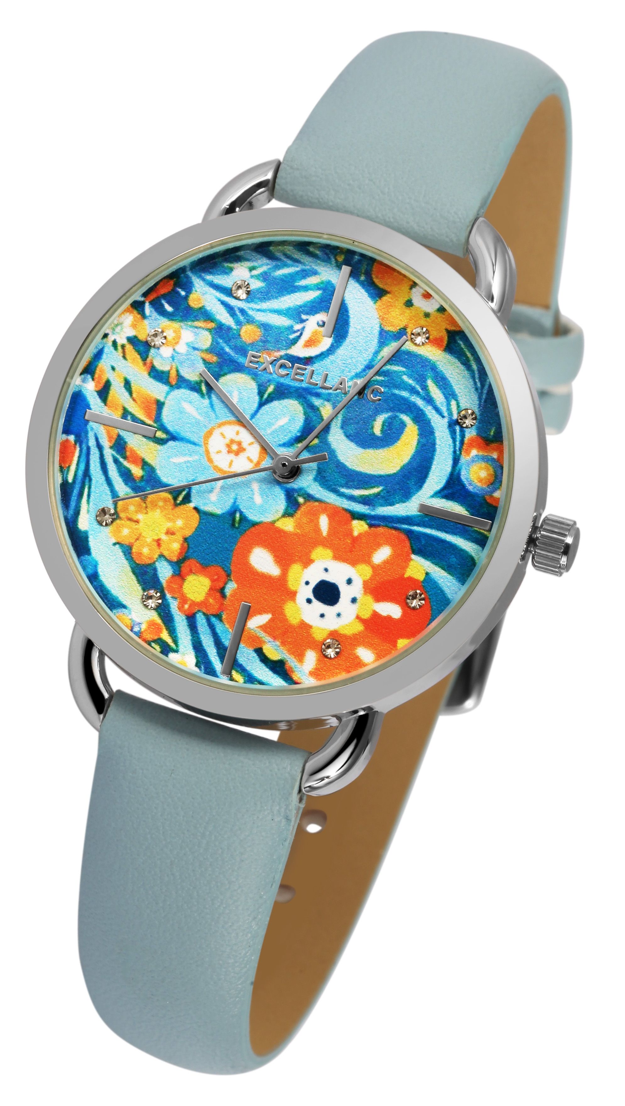 Excellanc Damenuhr mit Lederimitationsarmband, floral, hellblau