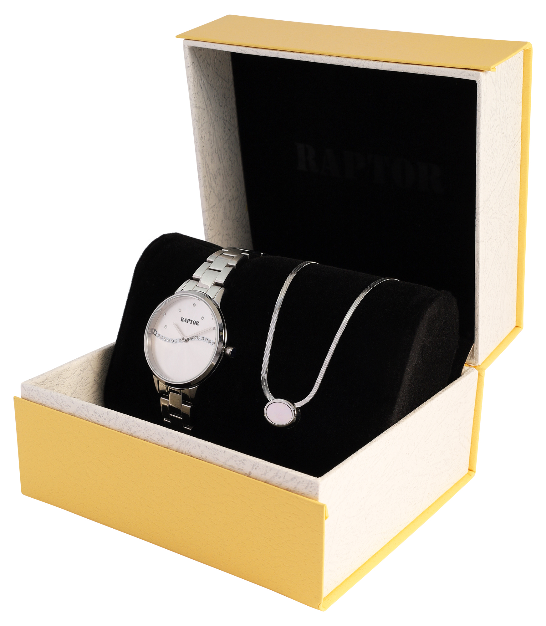 Raptor Damen Geschenkset - Damenuhr Edelstahlband mit Edelstahlkette 42+5 cm & Perlmutt Anhänger