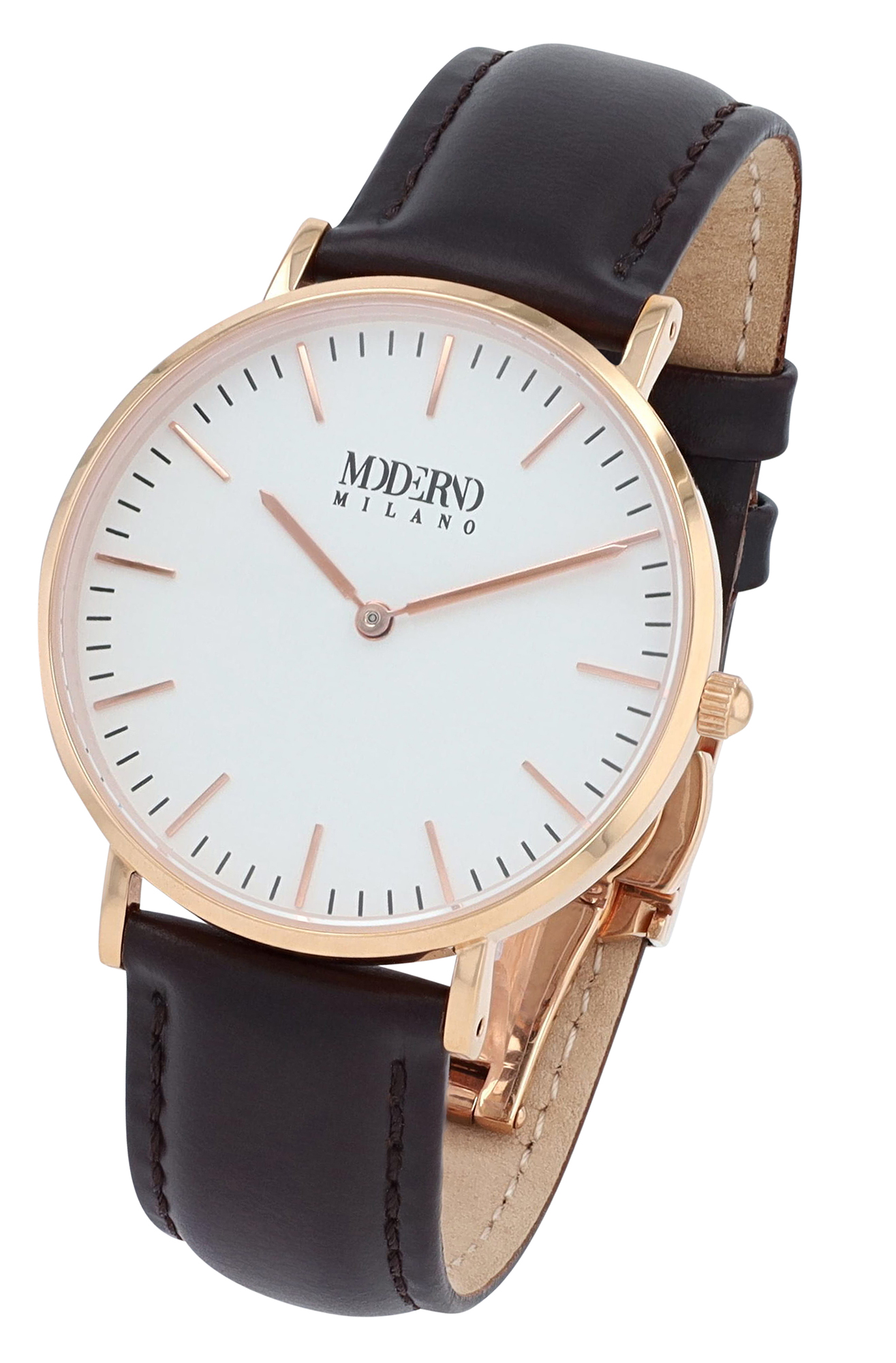 Moderno Milano Edelstahl Damenuhr Ø 36,5 mm, Echtlederband, Saphirglas, dunkelbraun/ rosegoldfarben