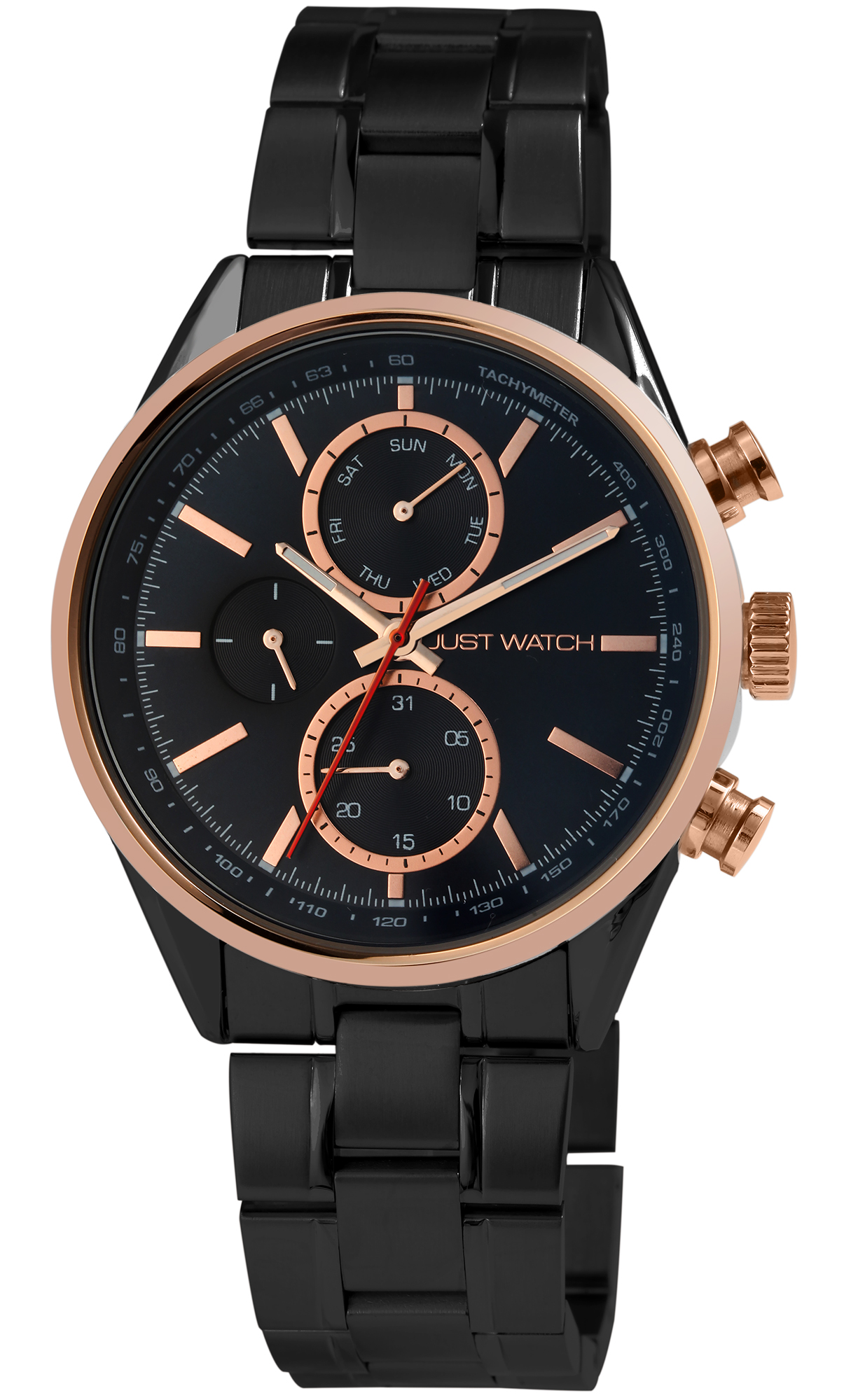 Just Watch Herrenuhr "Valcone" Edelstahlarmband, Datum- und Wochentagsanzeige, schwarz/roségoldfarben