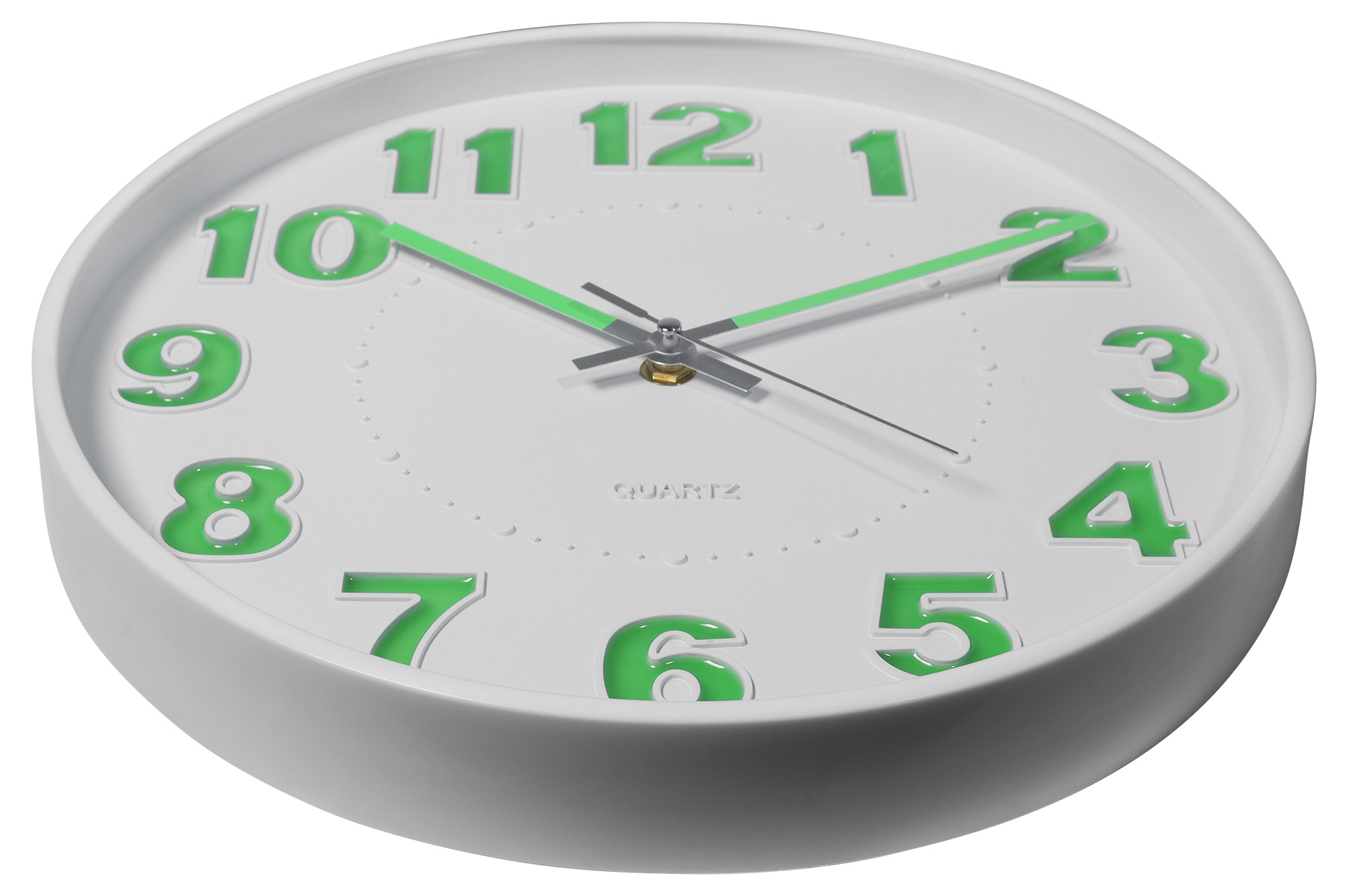 Moderne Wanduhr Ø 30,5 cm mit Leuchteffekt, weiß/ (neongrün)