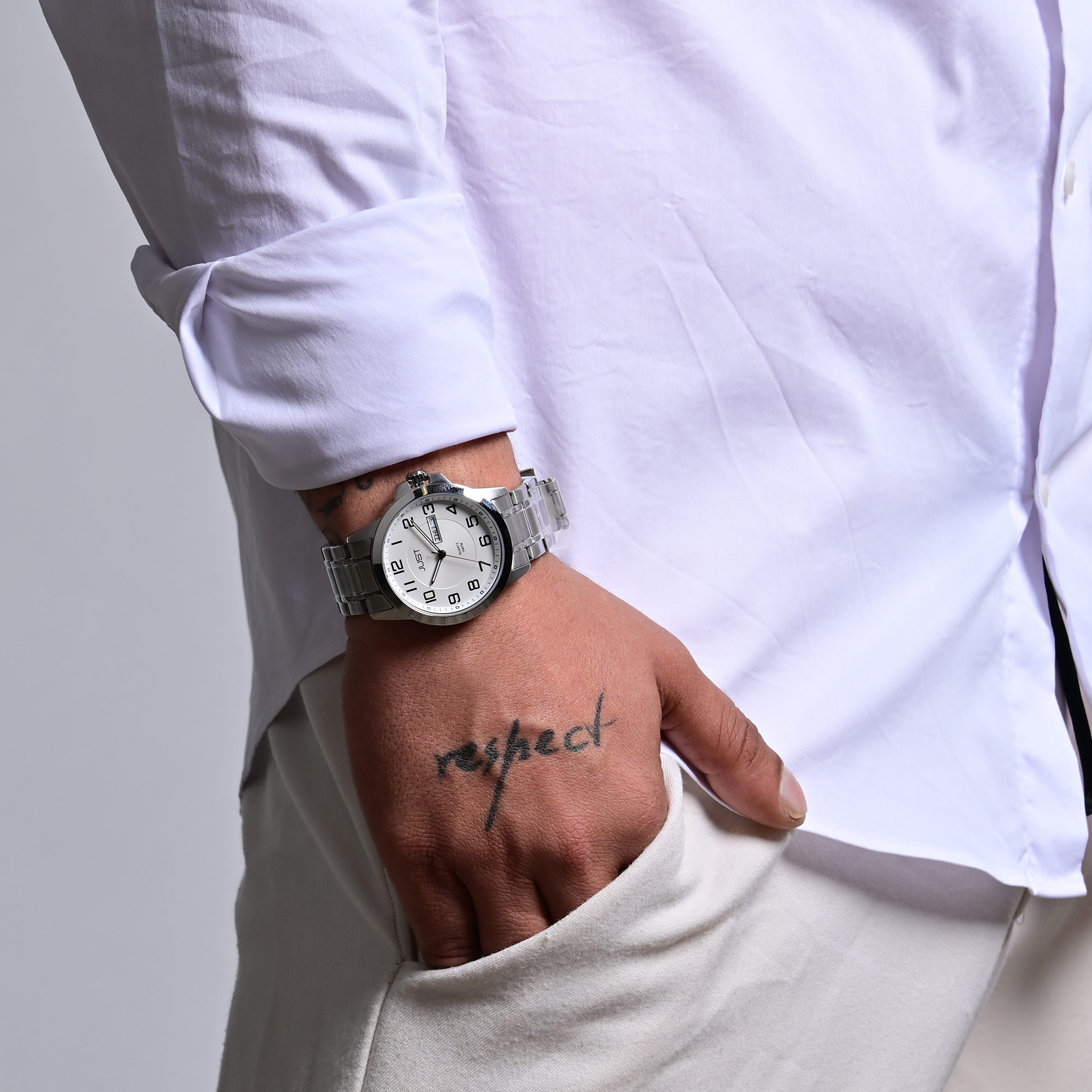 Just Herrenuhr mit Edelstahlarmband, 10 ATM, silberfarben/weißes ZB