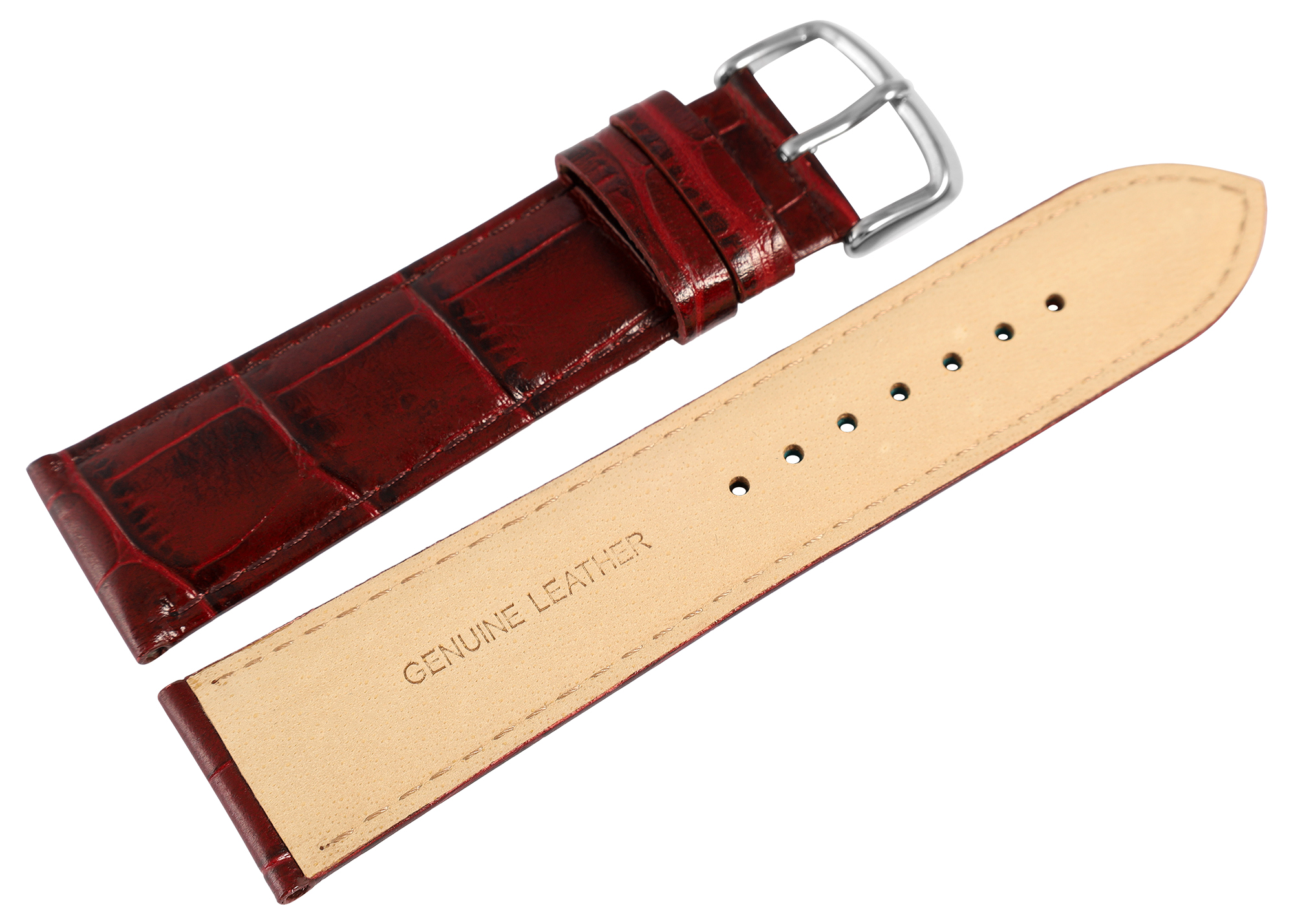 Uhrenarmband aus Echt Leder, Kroko-Optik, bordeauxrot, 20 mm