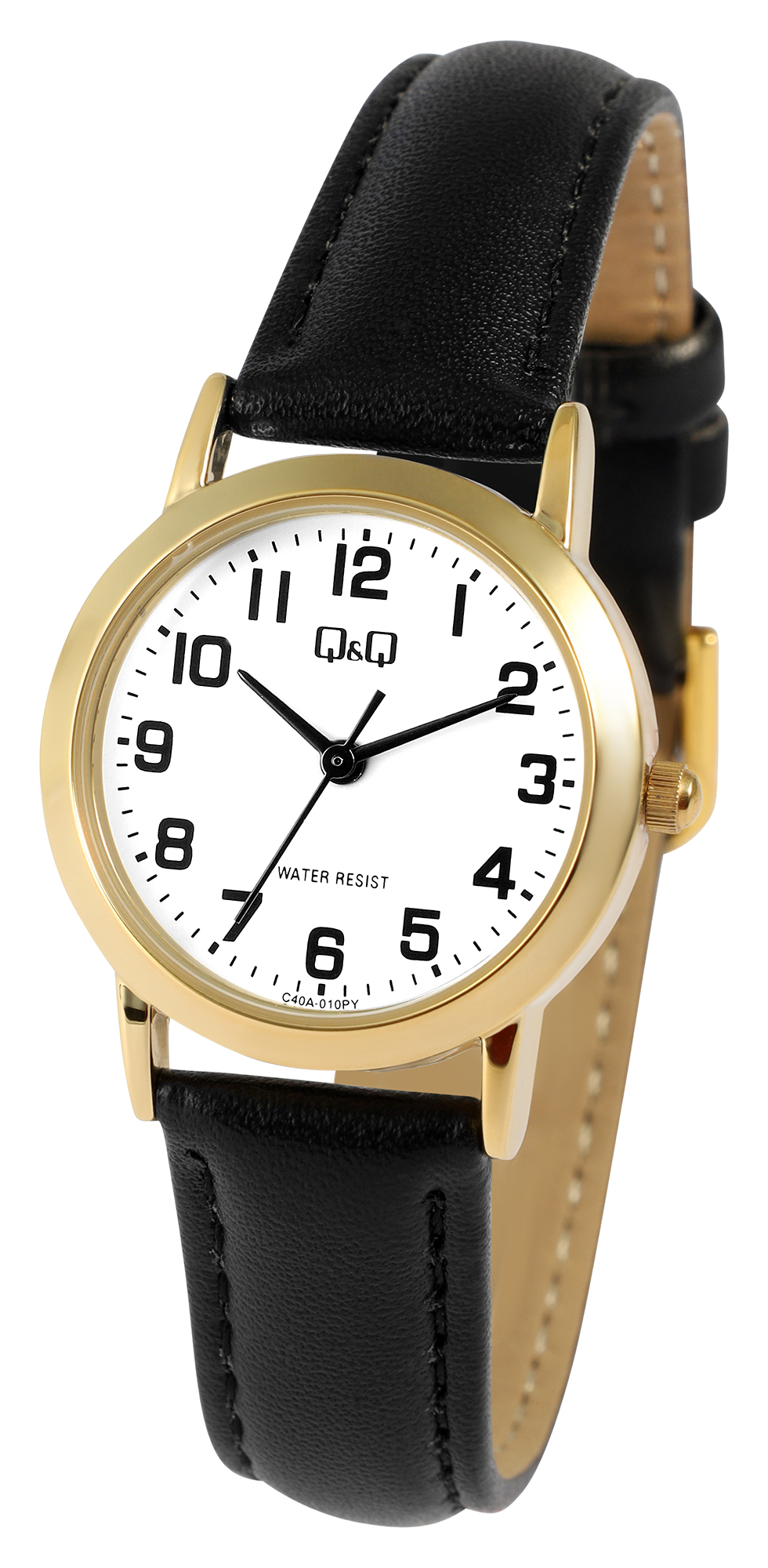 Q&Q Damenuhr, gepolstertes Lederimitatband, Ø 26 mm, schwarz/goldfarben