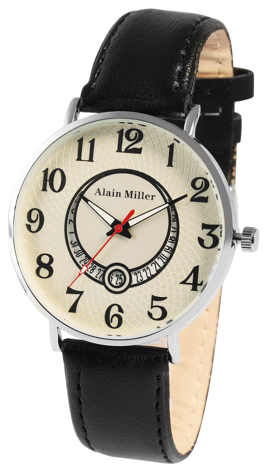 Alian Miller Herrenuhr mit Band aus Lederimitat, schwarz, weiß