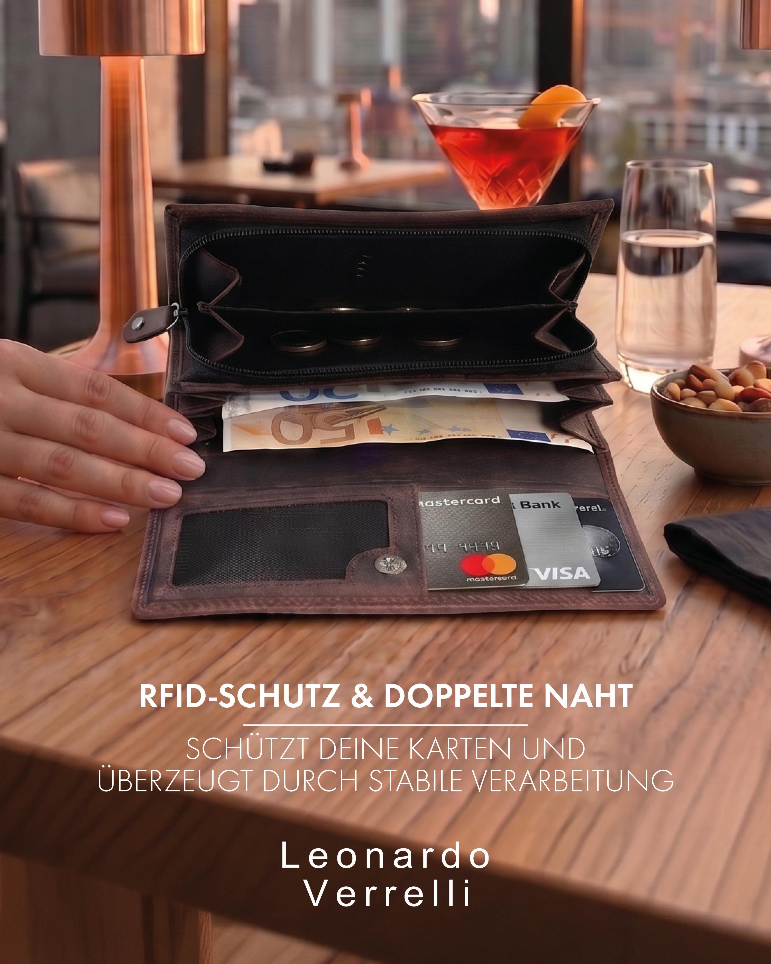 Leonardo Verrelli Echtleder (Hunter) Damen Geldbörse, Querformat, RFID, dunkelbraun