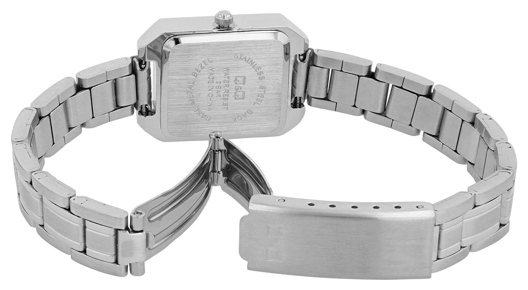 Q&Q Damenuhr (rechteckiges Gehäuse 28,5 × 20 mm), Edelstahlband, silberfarben/ schwarz
