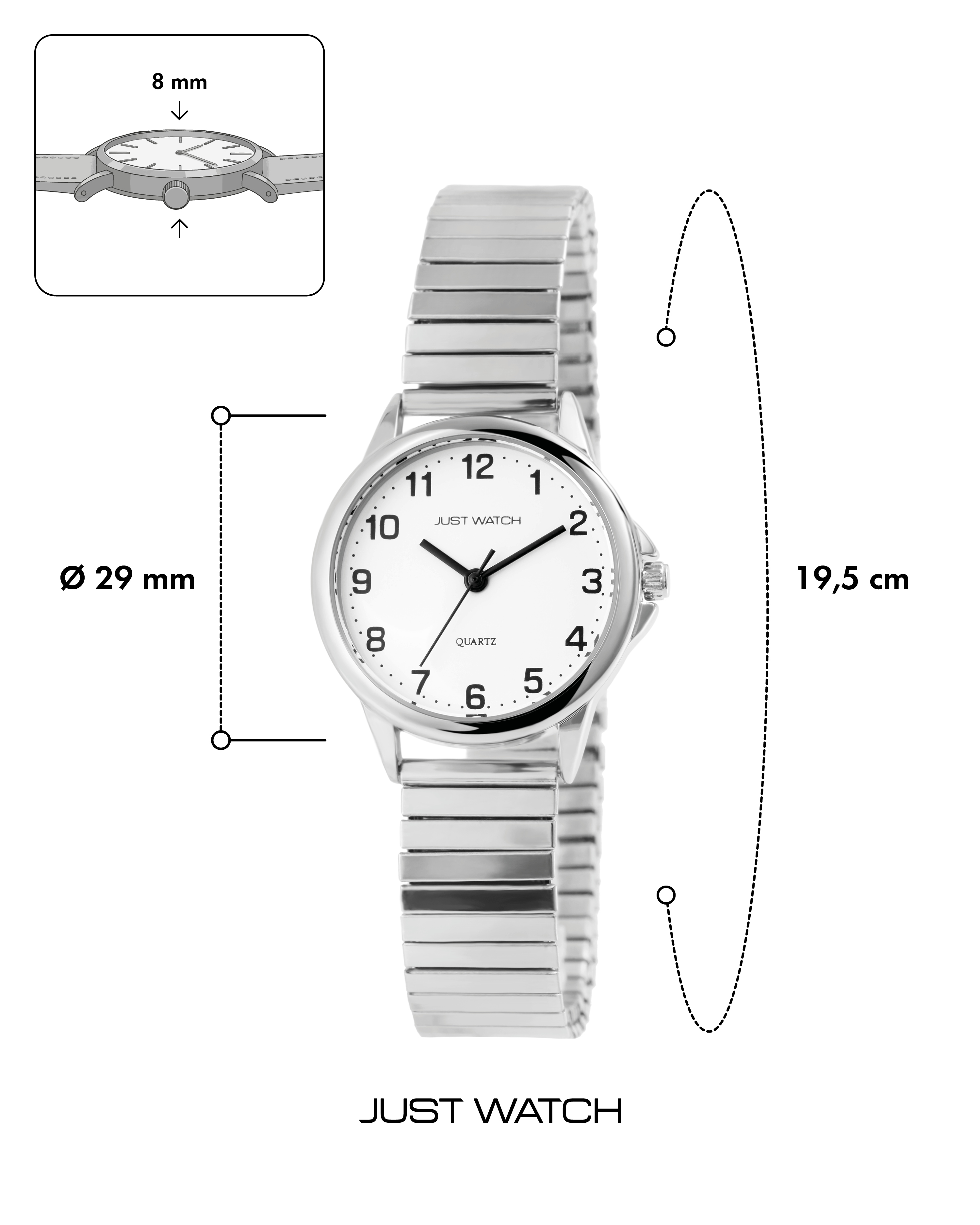 JUST WATCH "Angelique" Damenuhr Ø 29 mm Edelstahlzugband, silberfarben/ weiß