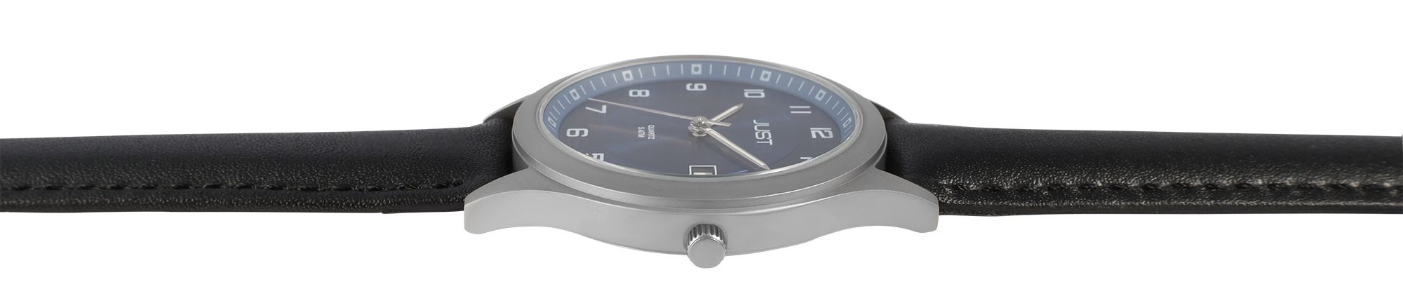 Just "Leon" Herrenuhr mit Echt Lederband, Titangehäuse, 5ATM, Schwarz/ Blau