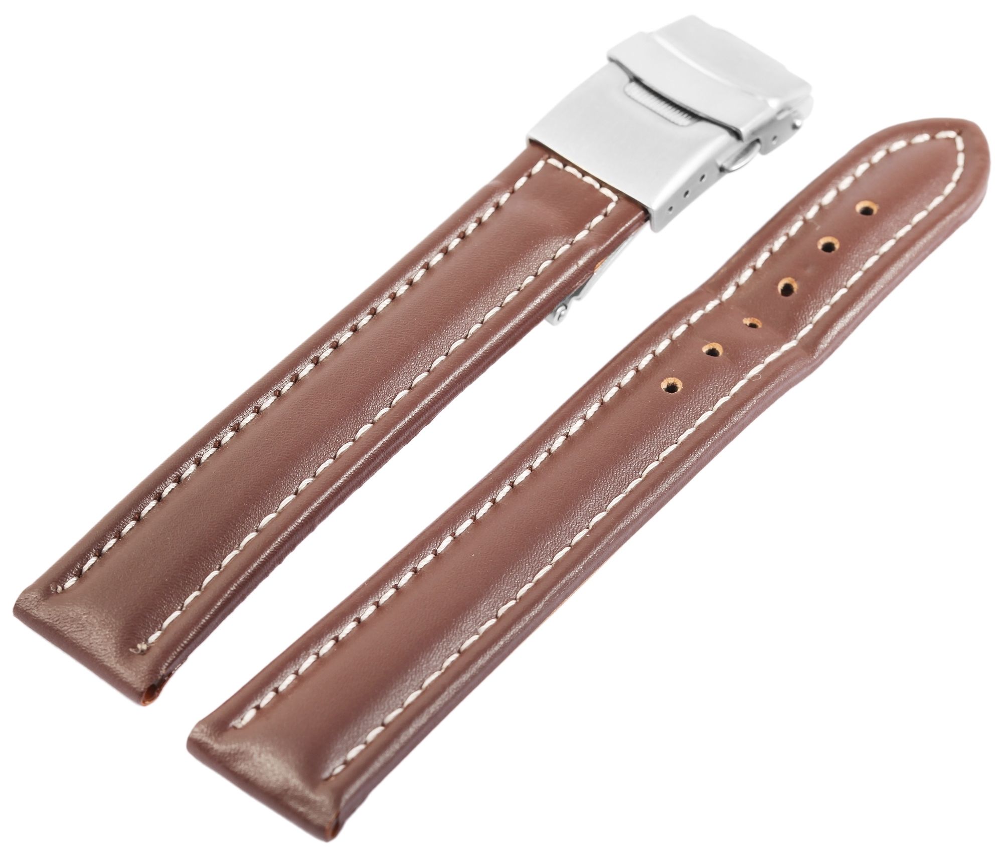 Echtleder-Uhrenarmband, braun, weiße Naht, Faltschließe, 18 mm