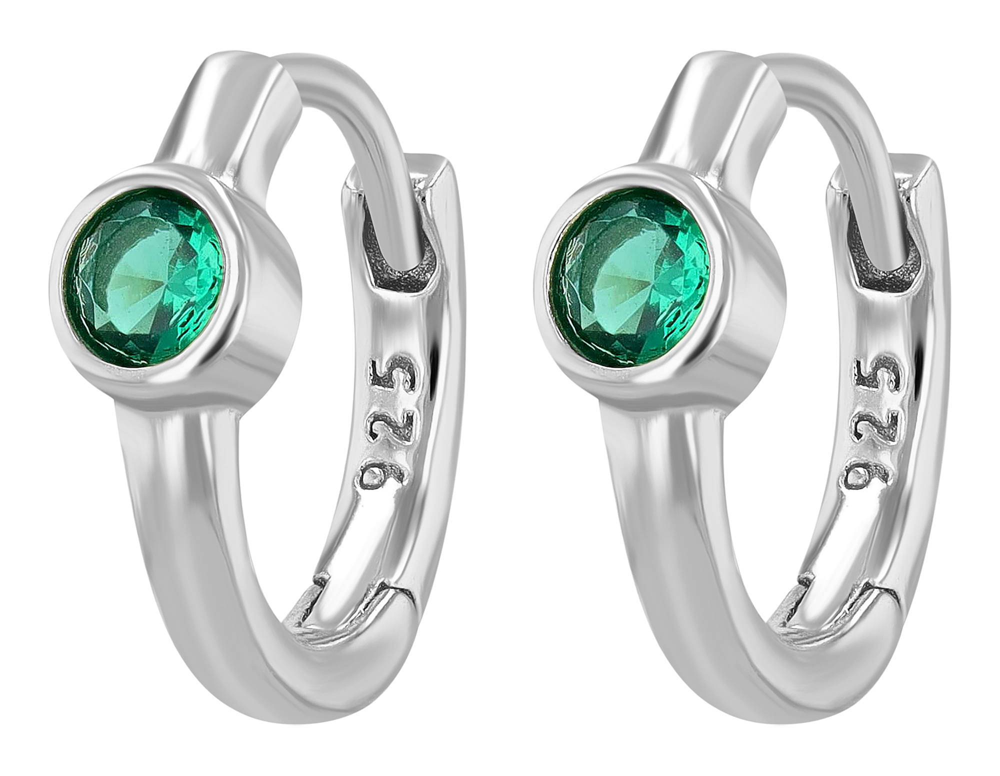 "Mexine" 925/- Echt Silber Mini Creole/ Huggie Ø 9 mm, grünen Zirkoniastein, rhodiniert