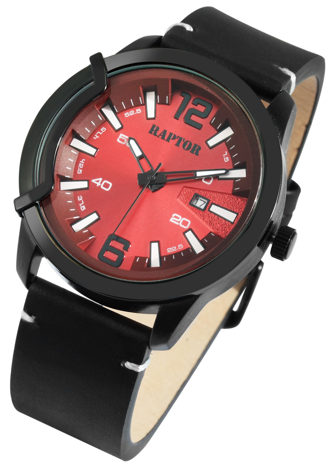 Raptor Herrenuhr "Davian" mit Echtlederarmband, Datumsanzeige, schwarz/rot